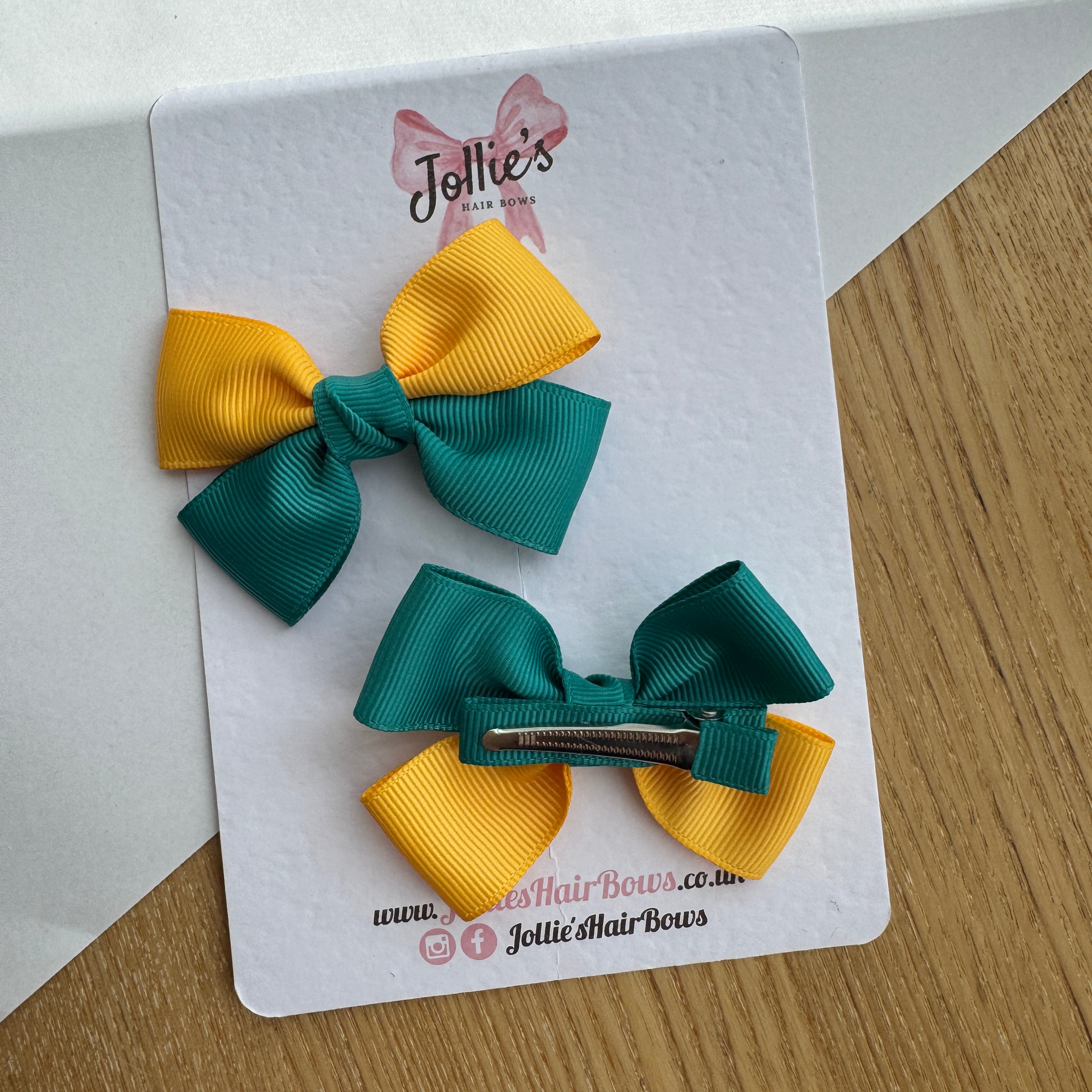 2.5" Jade Green & Yellow Gold Classic Hair Bow Pair – Grosgrain Ribbon Clips with Teeth