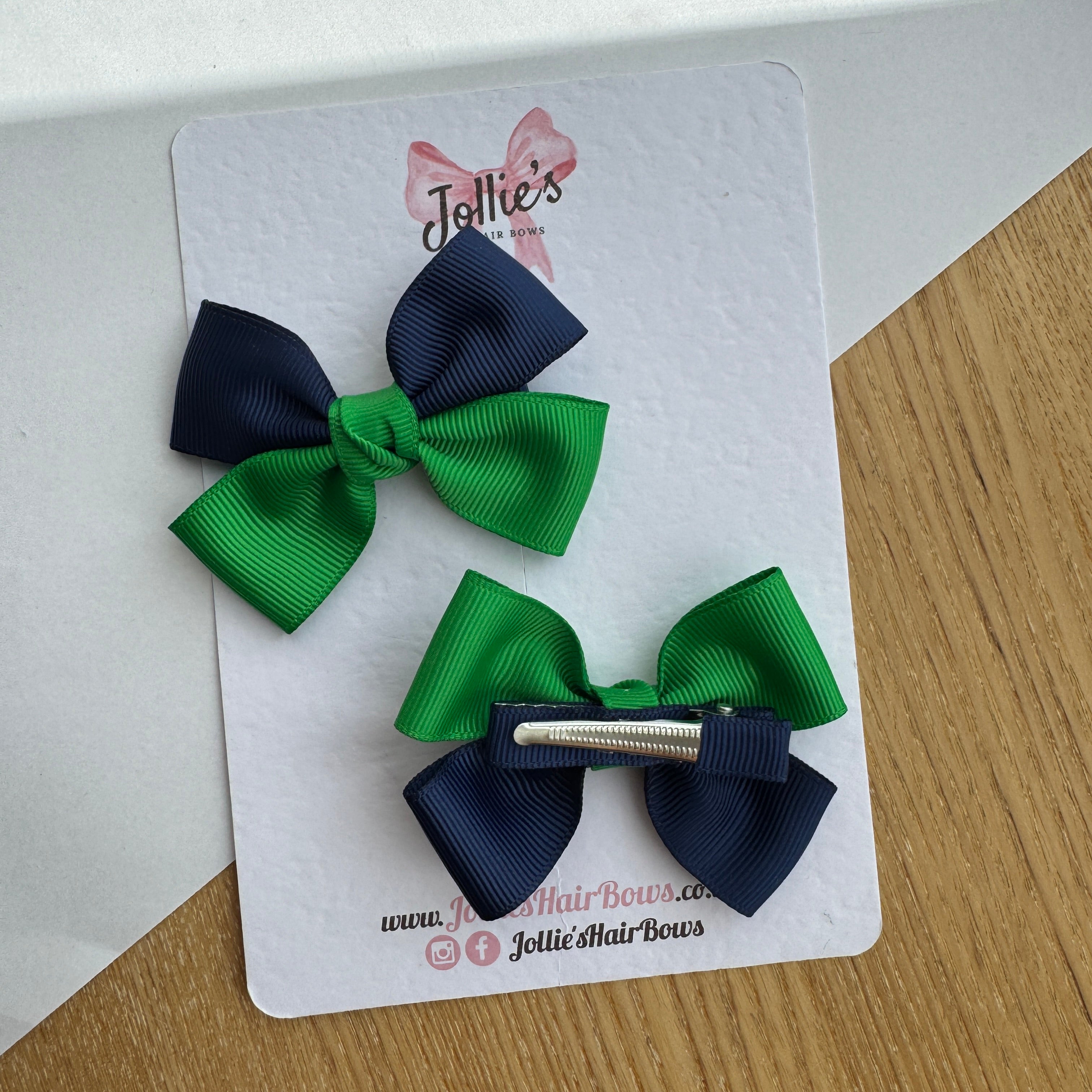 2.5" Emerald Green & Navy Classic Hair Bow Pair – Grosgrain Ribbon Clips with Teeth