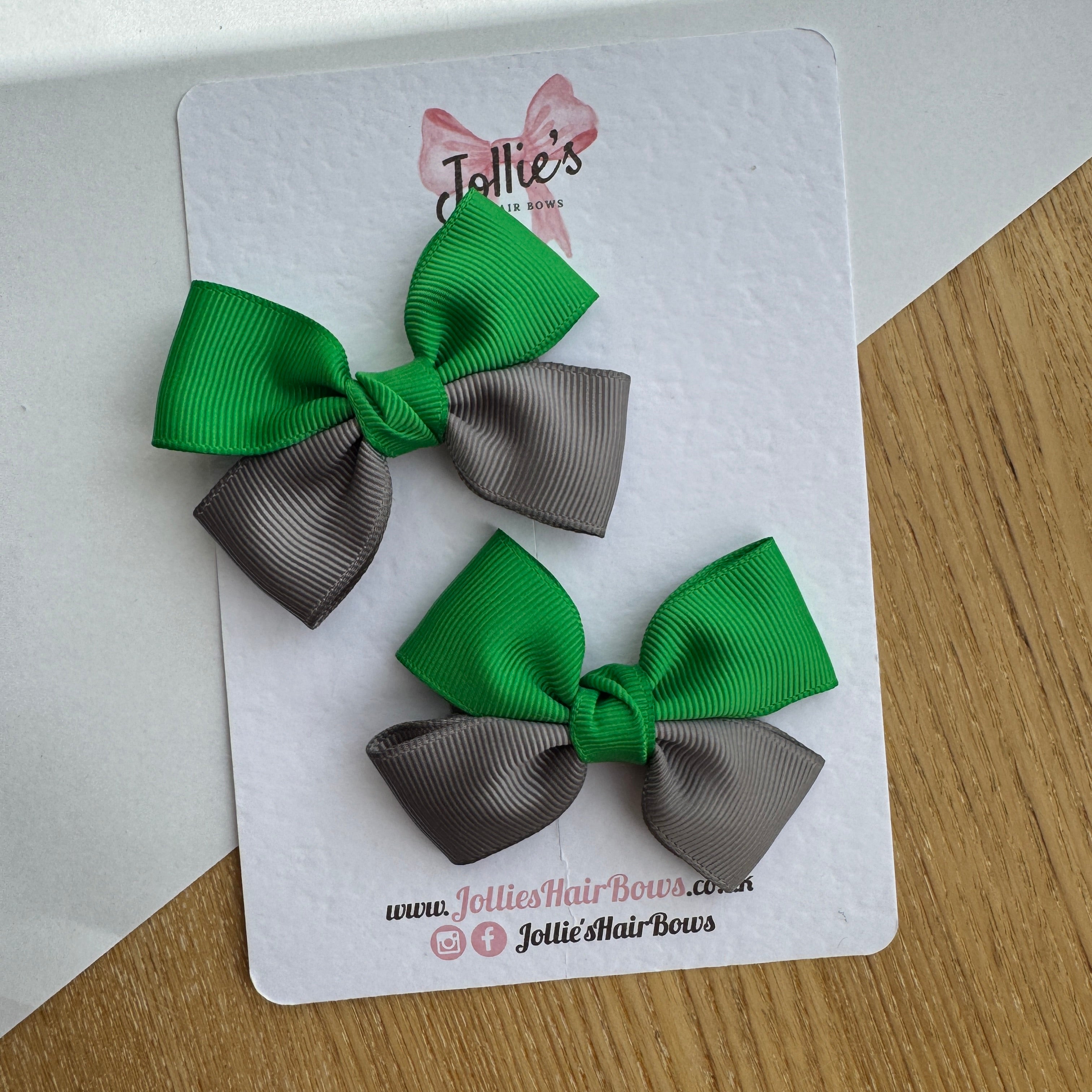 2.5" Emerald Green & Metal Grey Classic Hair Bow Pair – Grosgrain Ribbon Clips with Teeth