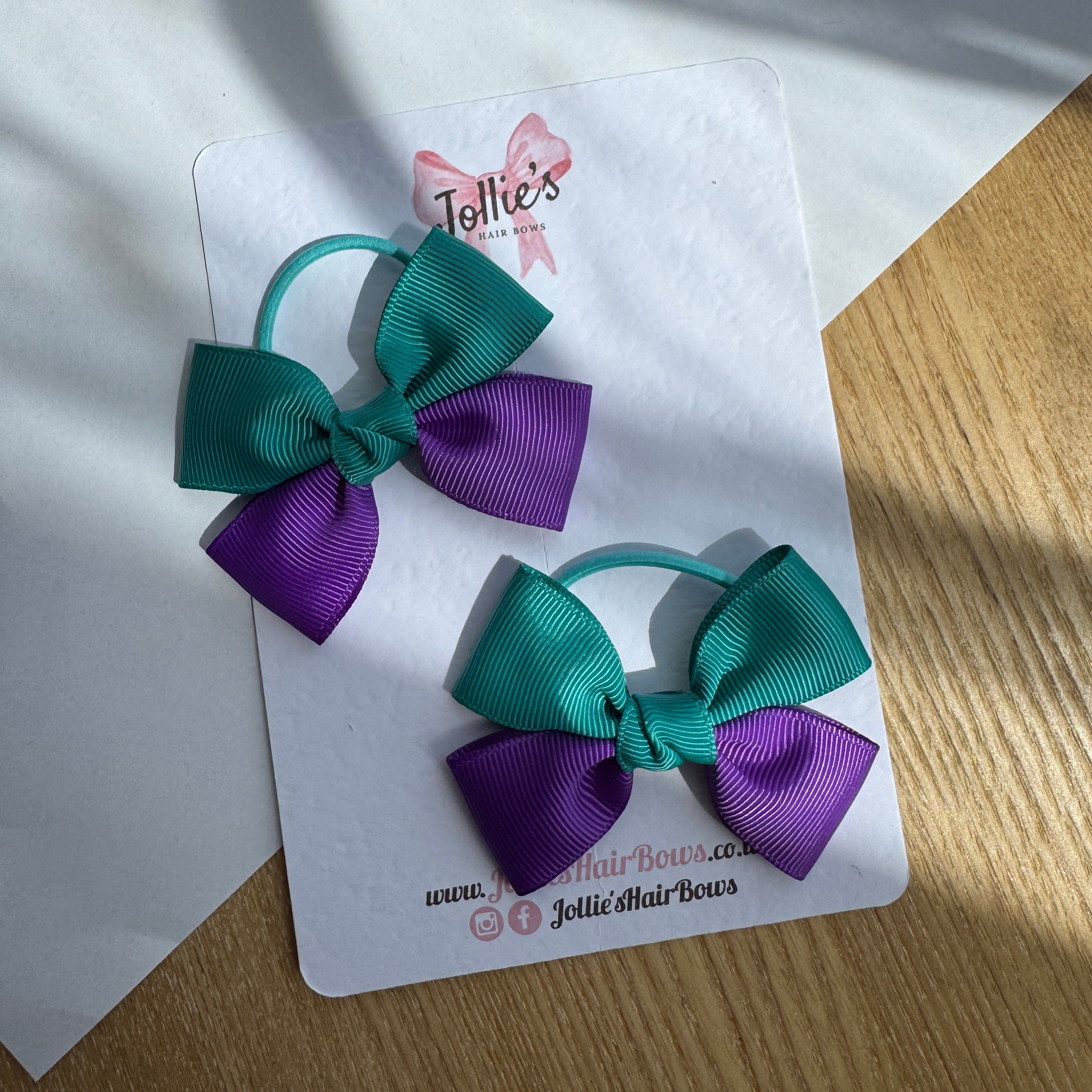 2.5" Jade Green & Purple Classic Hair Bow Pair – Grosgrain Ribbon on Thin Elastic