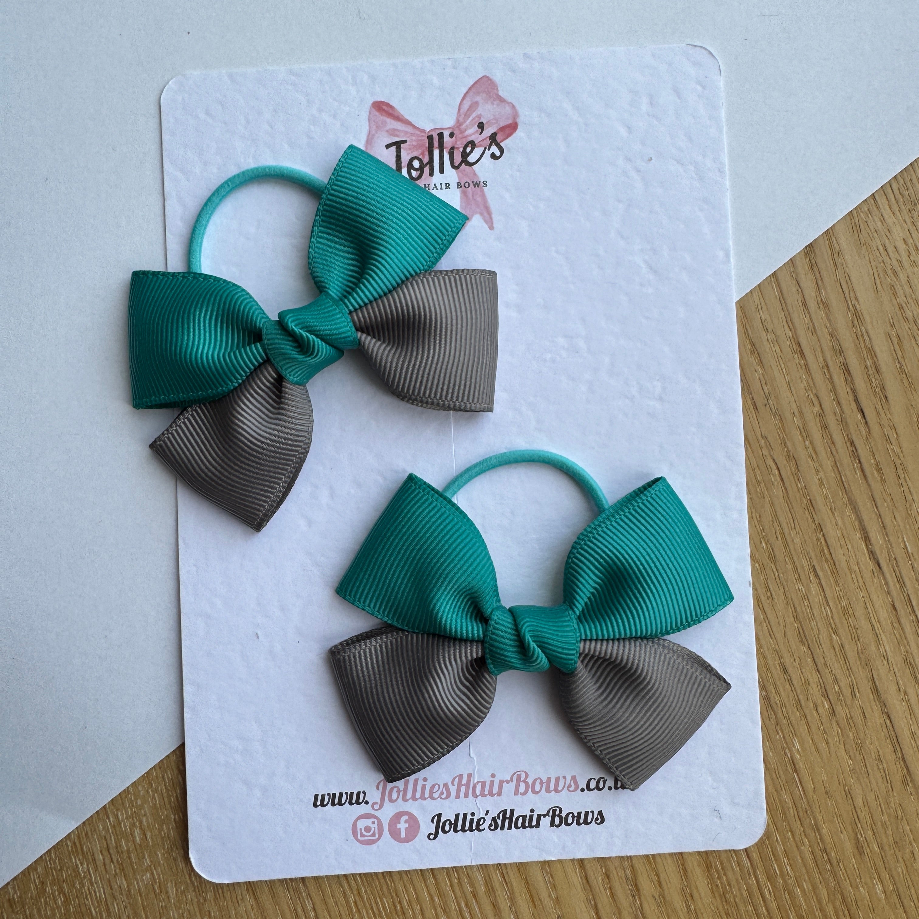 2.5" Jade Green & Metal Grey Classic Hair Bow Pair – Grosgrain Ribbon on Thin Elastic