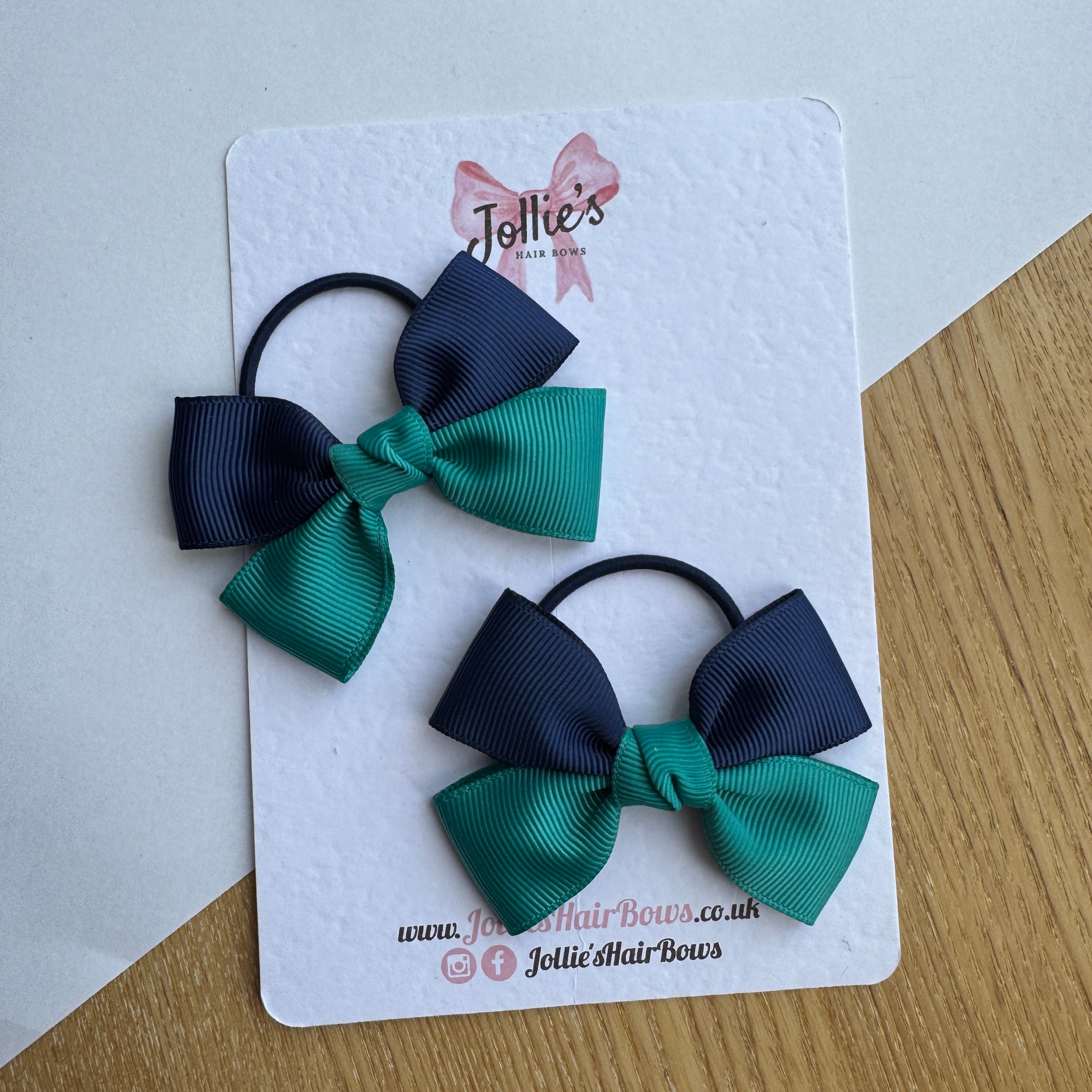 2.5" Navy & Jade Green Classic Hair Bow Pair – Grosgrain Ribbon on Thin Elastic
