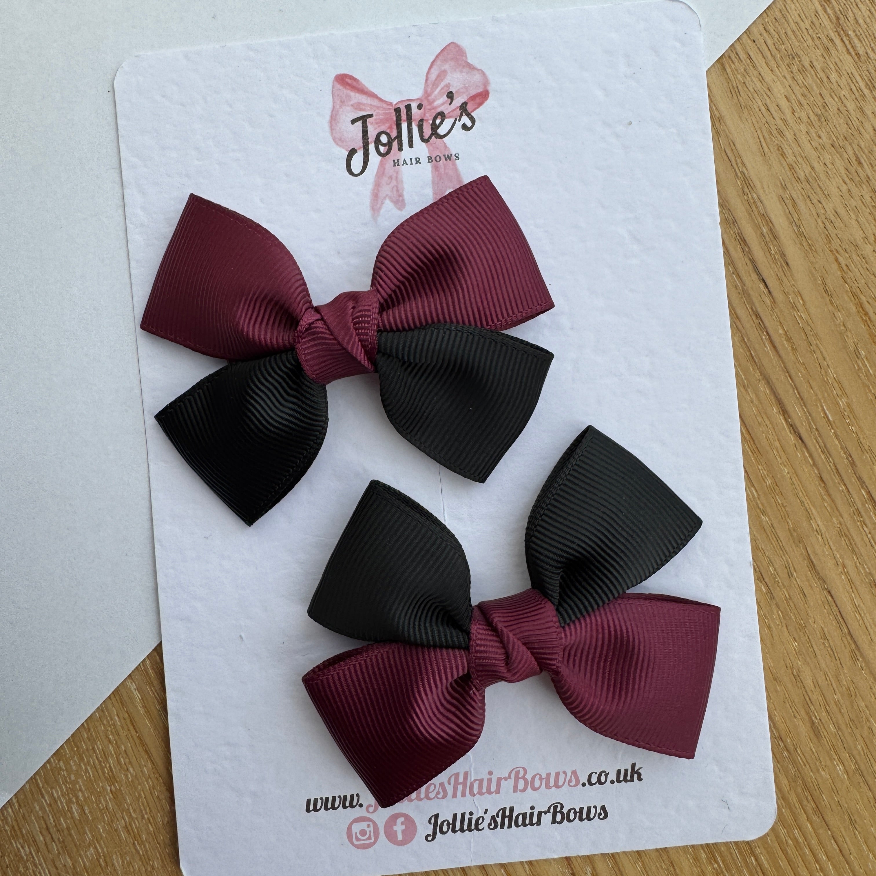 2.5" Burgundy & Black Classic Hair Bow Pair – Grosgrain Ribbon Clips with Teeth