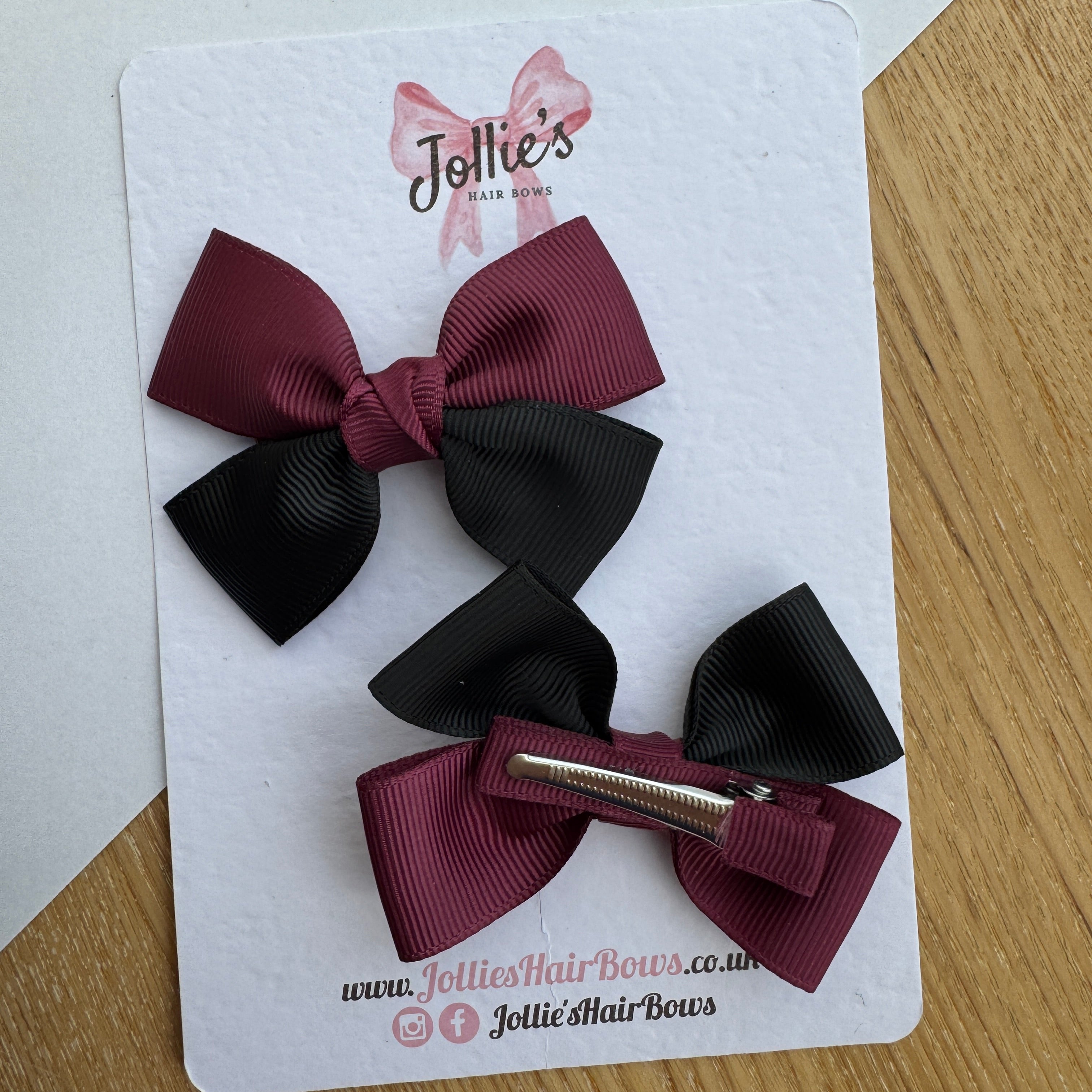 2.5" Burgundy & Black Classic Hair Bow Pair – Grosgrain Ribbon Clips with Teeth