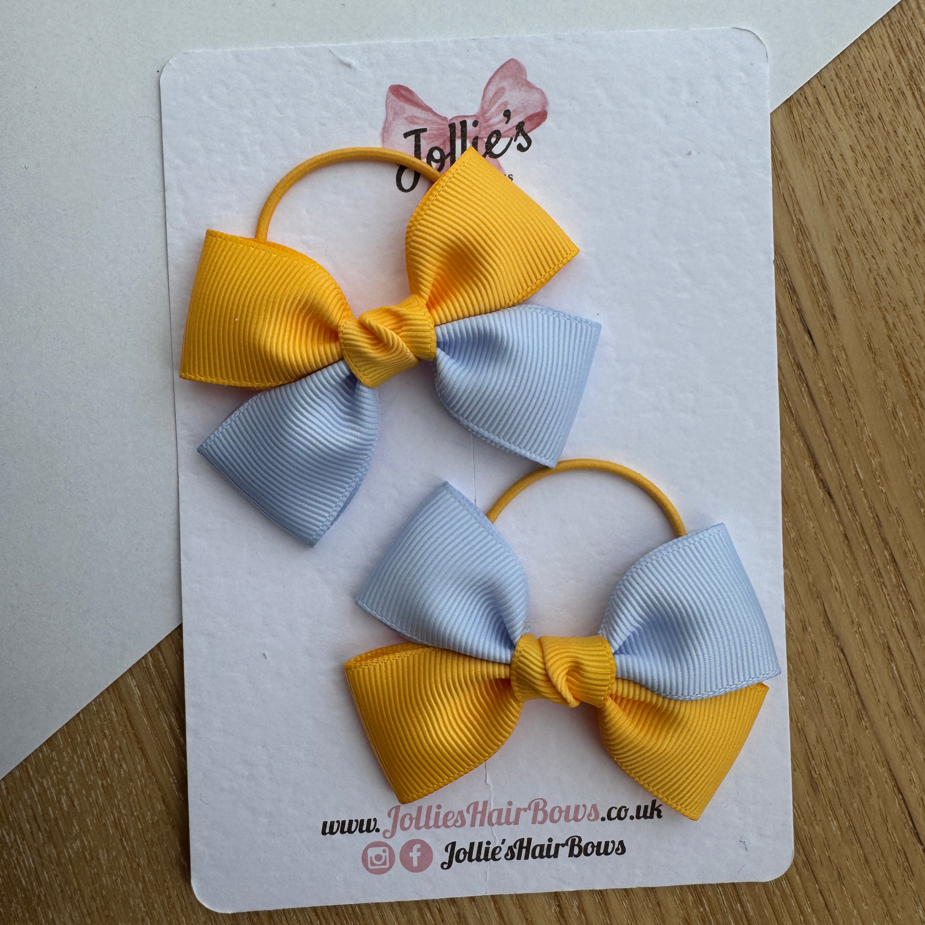 2.5" Yellow Gold & Bluebell Classic Hair Bow Pair – Grosgrain Ribbon on Thin Elastic