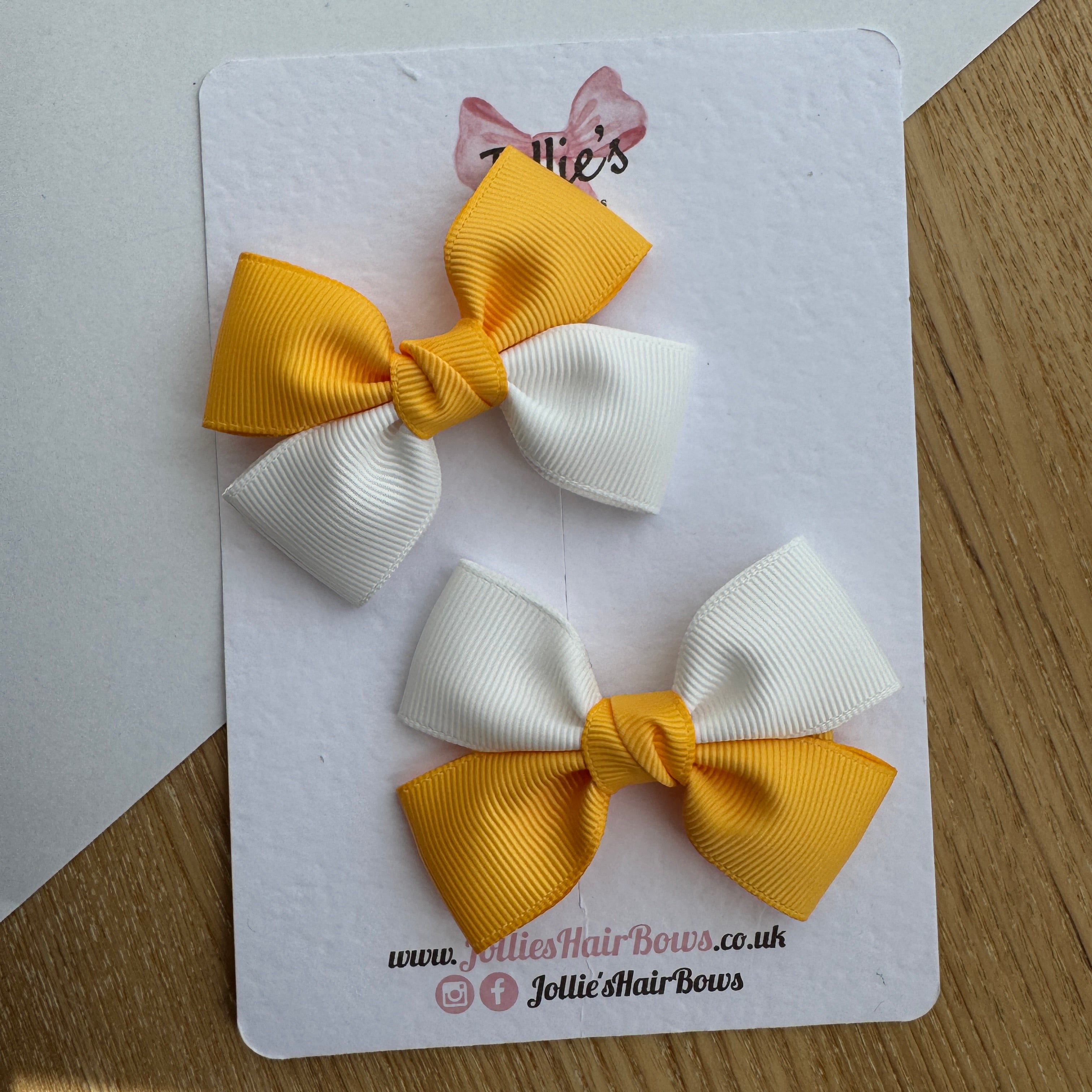2.5" White & Yellow Gold Classic Hair Bow Pair – Grosgrain Ribbon Clips with Teeth