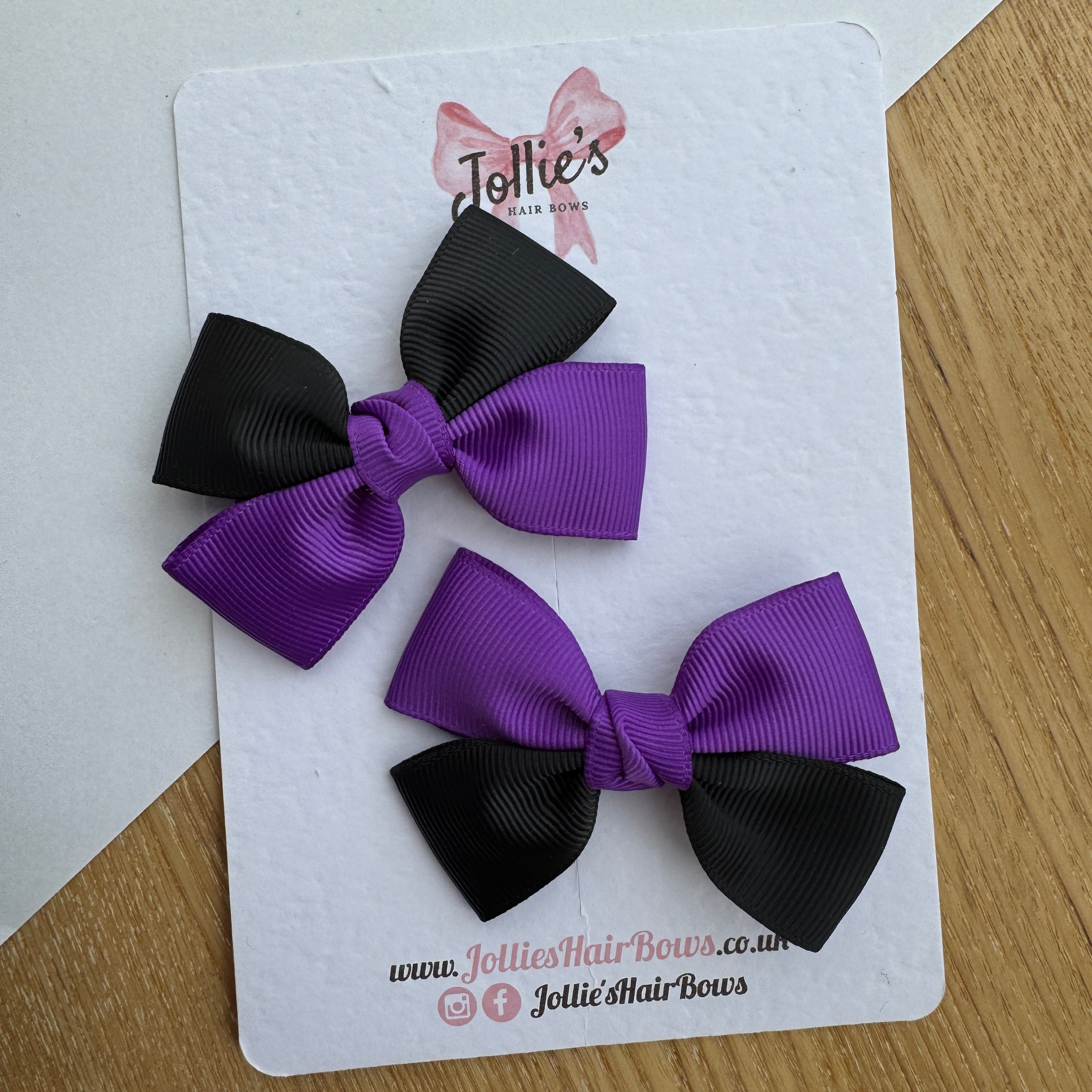 2.5" Black & Purple Classic Hair Bow Pair – Grosgrain Ribbon Clips with Teeth