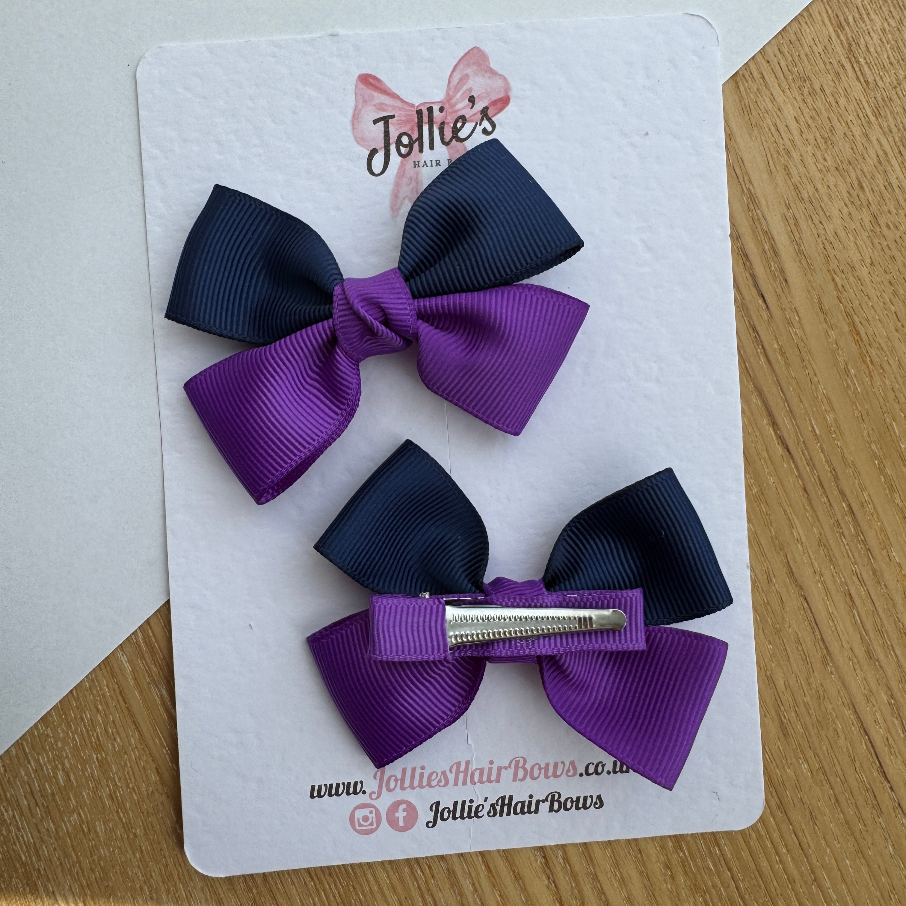 2.5" Navy & Purple Classic Hair Bow Pair – Grosgrain Ribbon Clips with Teeth