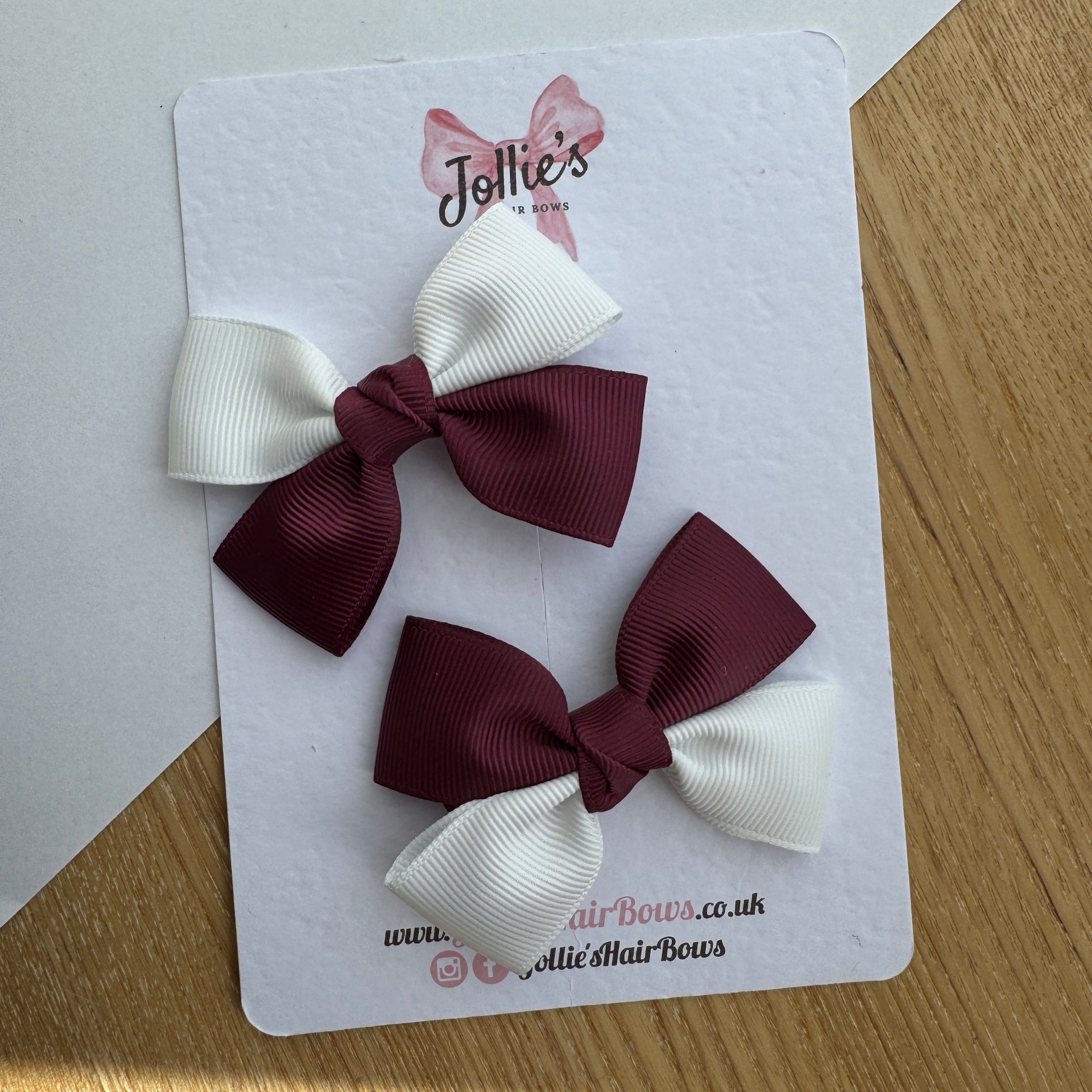 2.5" Burgundy & White Classic Hair Bow Pair – Grosgrain Ribbon Clips with Teeth