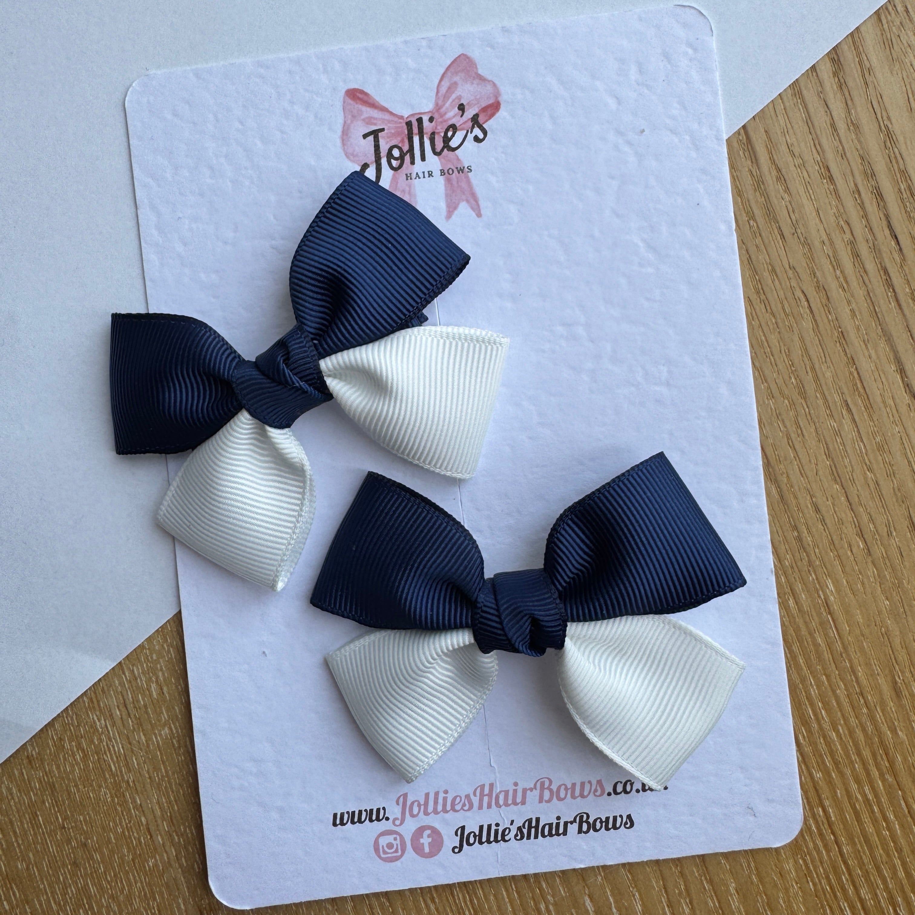 2.5" Navy & White Classic Hair Bow Pair – Grosgrain Ribbon Clips with Teeth