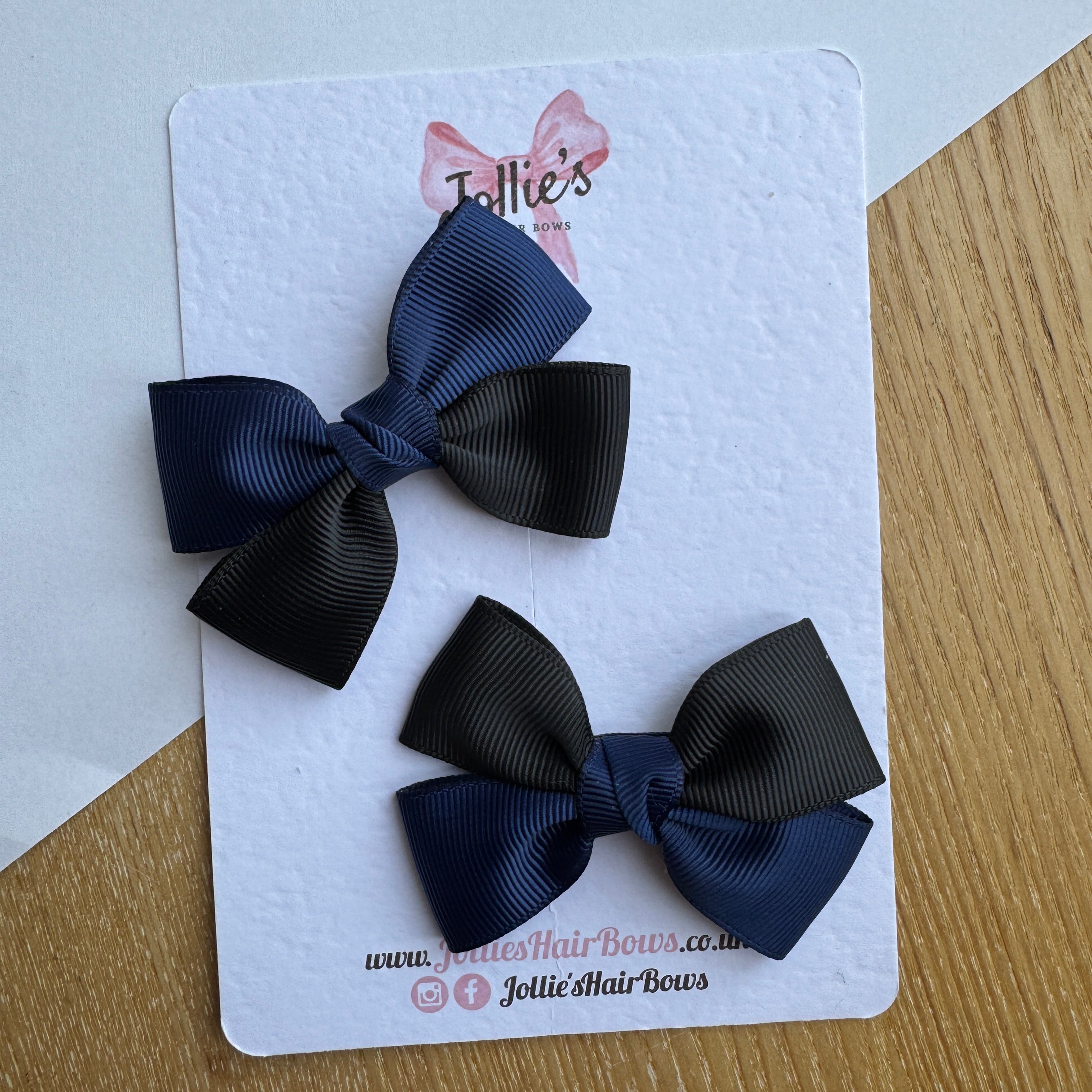 2.5" Navy & Black Classic Hair Bow Pair – Grosgrain Ribbon Clips with Teeth