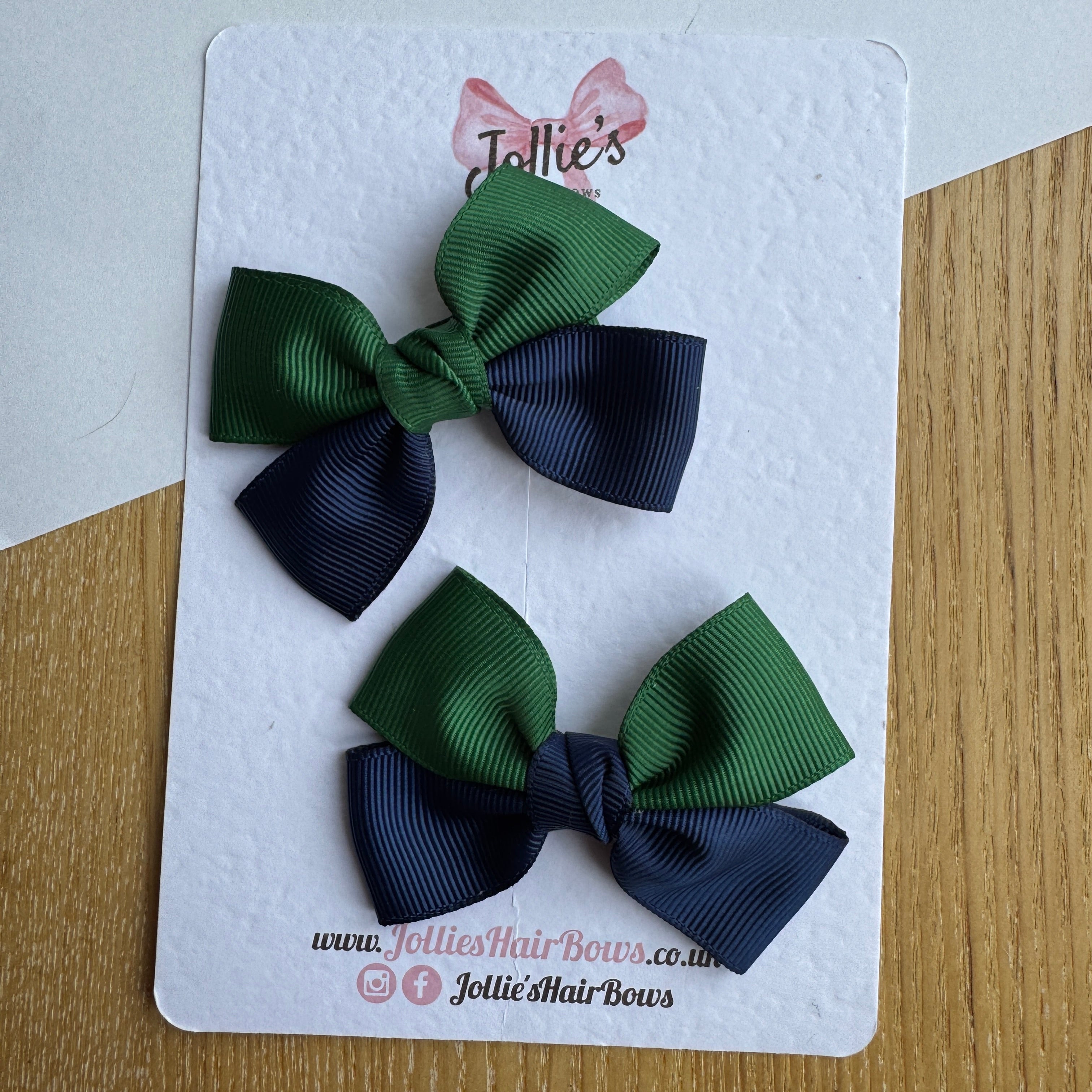 2.5" Forest Green & Navy Classic Hair Bow Pair – Grosgrain Ribbon Clips with Teeth