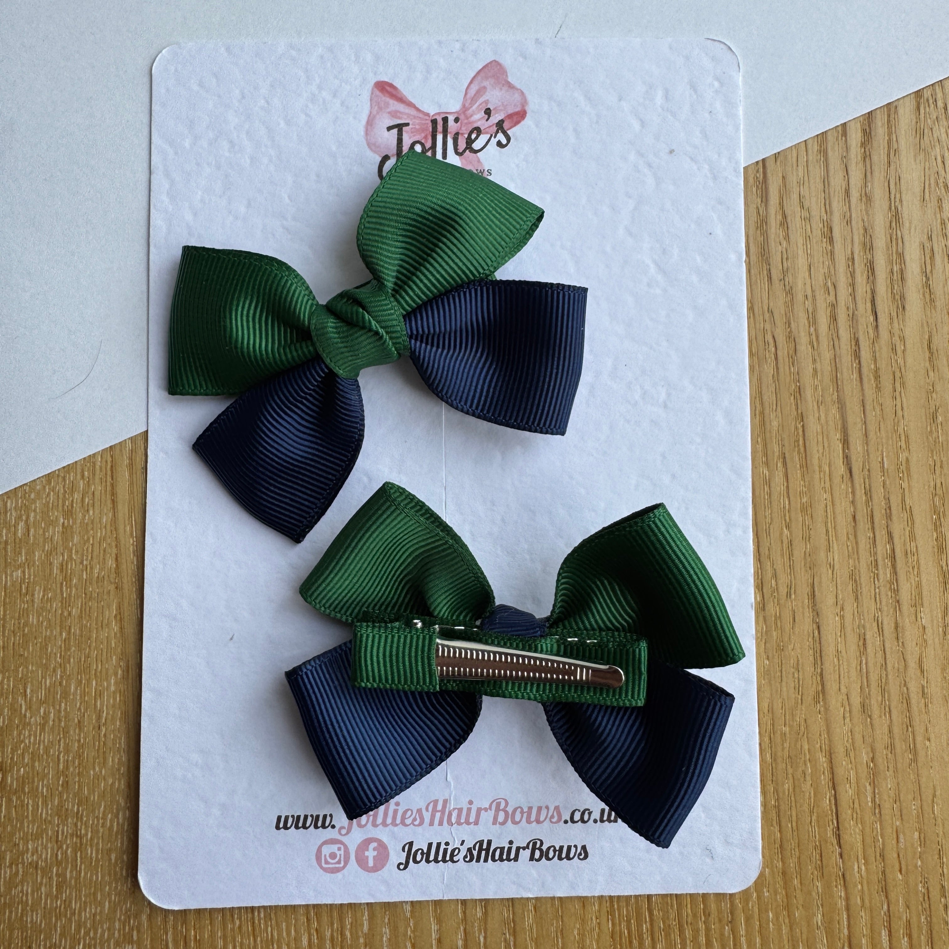 2.5" Forest Green & Navy Classic Hair Bow Pair – Grosgrain Ribbon Clips with Teeth