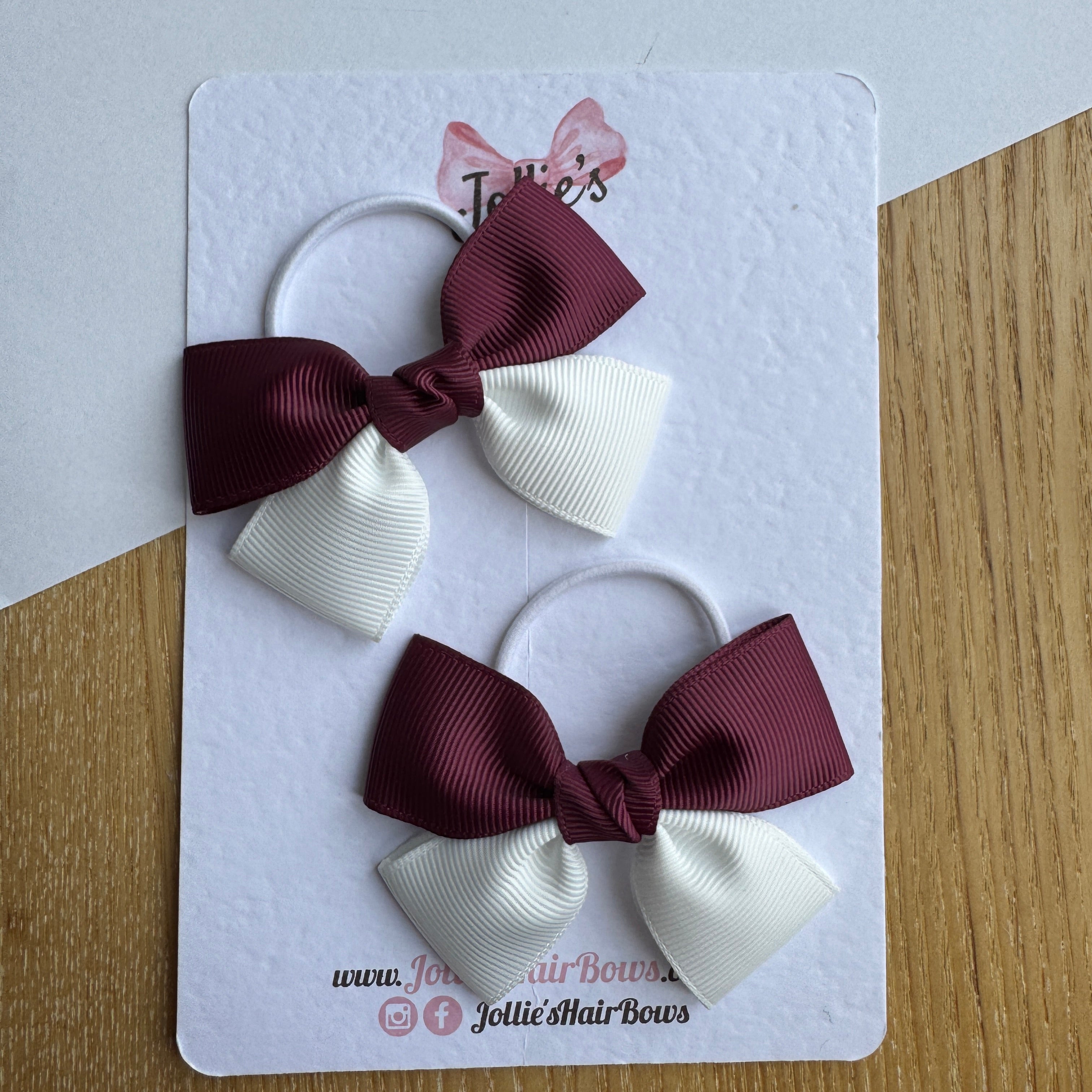 2.5" Burgundy & White Classic Hair Bow Pair – Grosgrain Ribbon on Thin Elastic