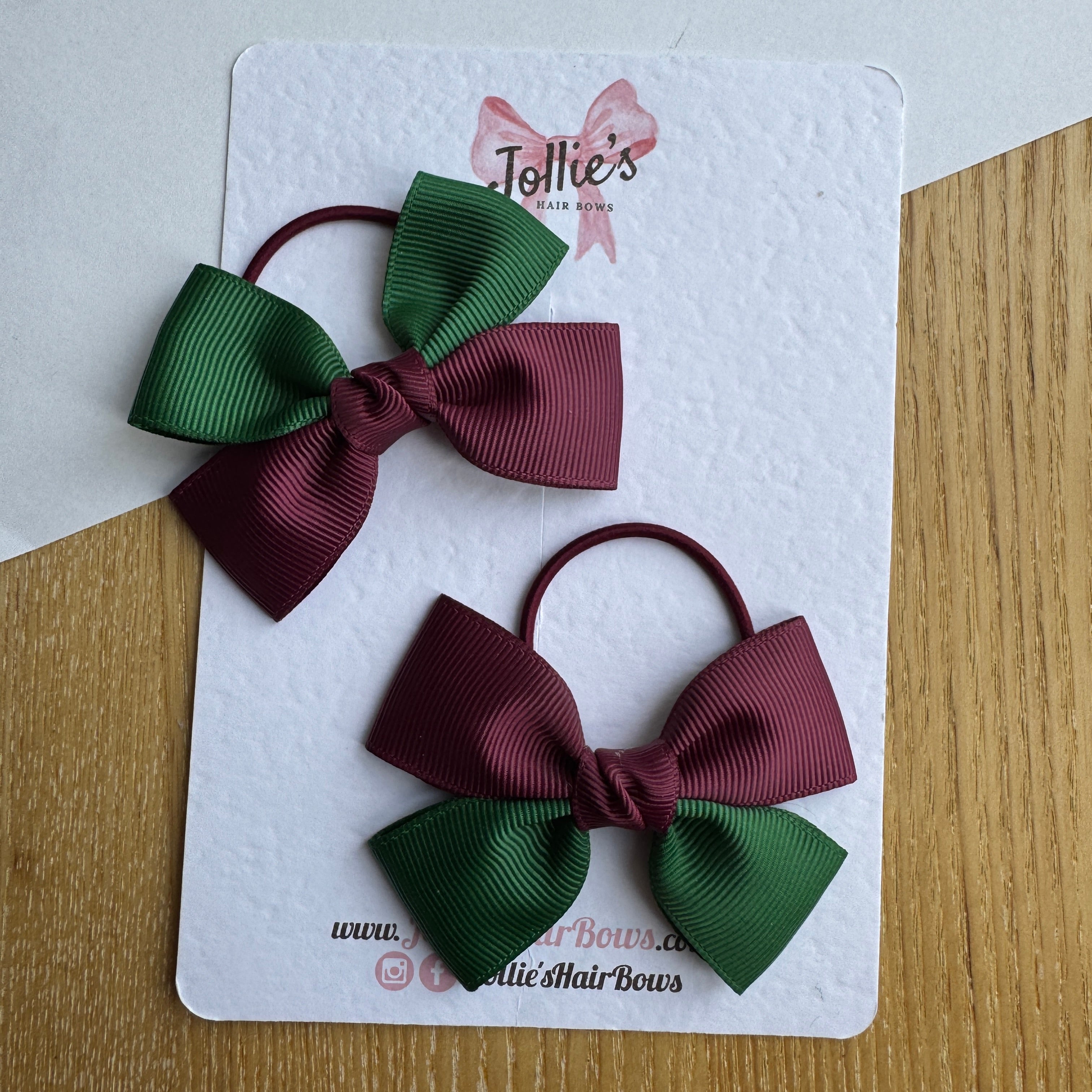 2.5" Burgundy & Forest Green Classic Hair Bow Pair – Grosgrain Ribbon on Thin Elastic