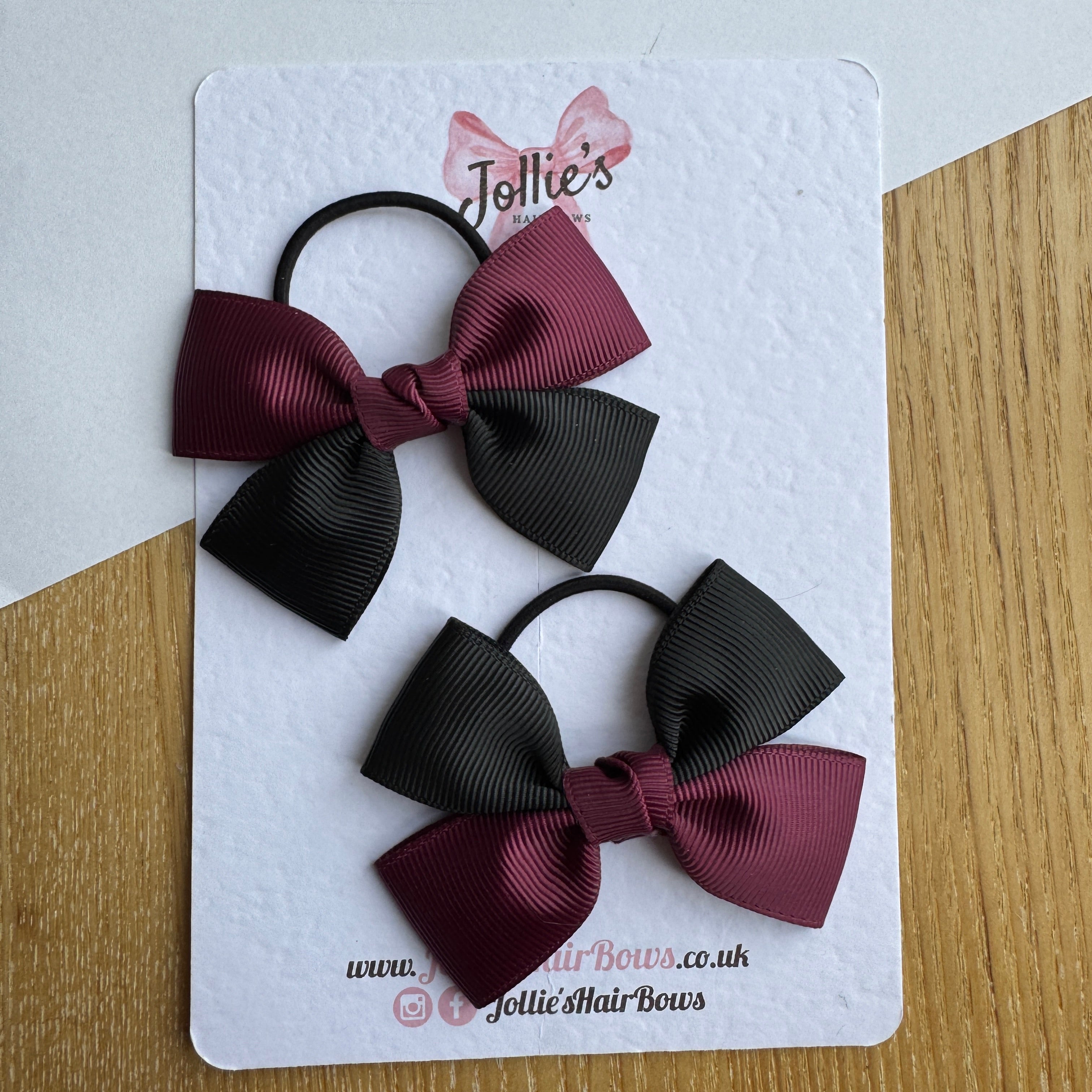 2.5" Burgundy & Black Classic Hair Bow Pair – Grosgrain Ribbon on Thin Elastic