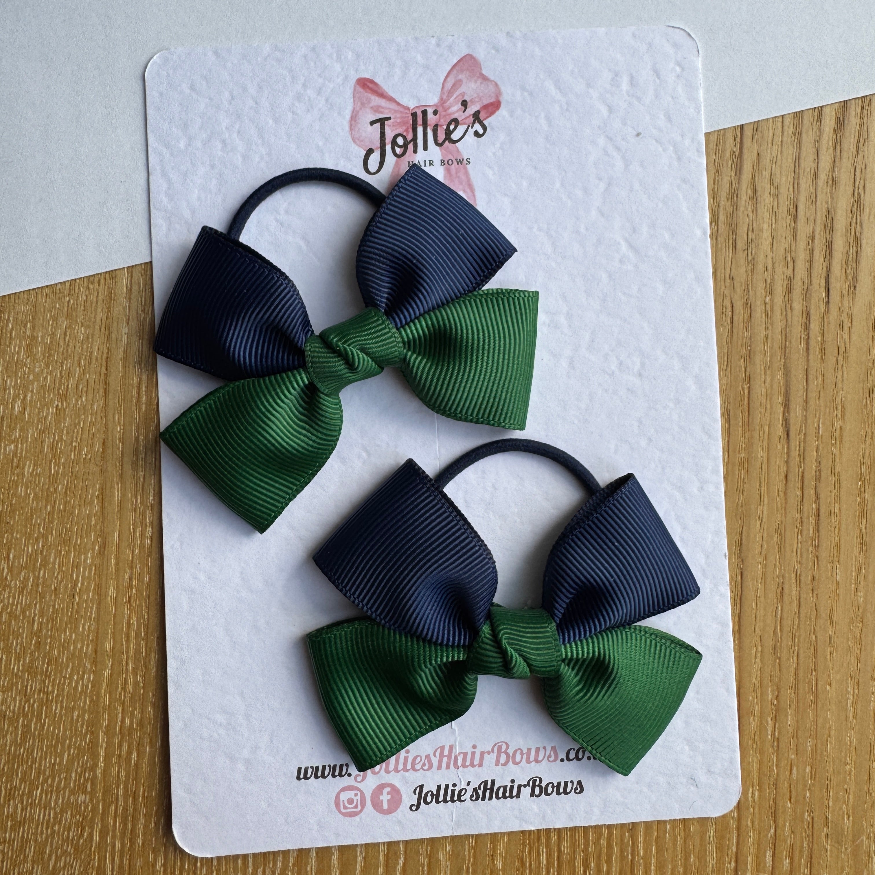 2.5" Navy & Forest Green Classic Hair Bow Pair – Grosgrain Ribbon on Thin Elastic