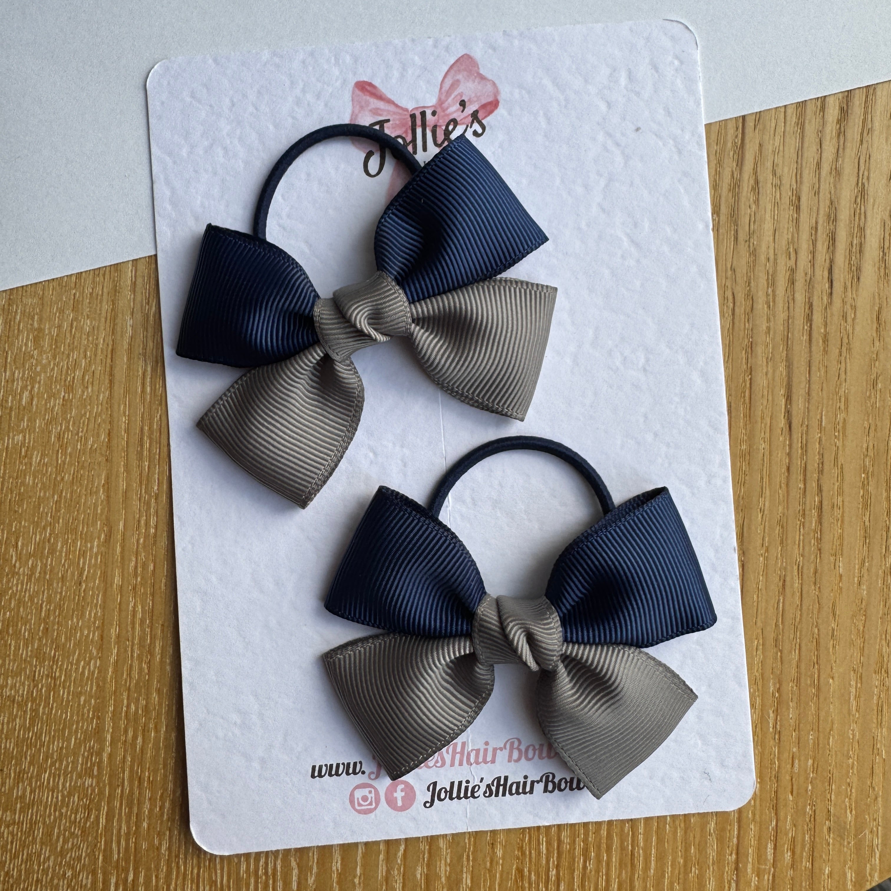 2.5" Navy & Metal Grey Classic Hair Bow Pair – Grosgrain Ribbon on Thin Elastic
