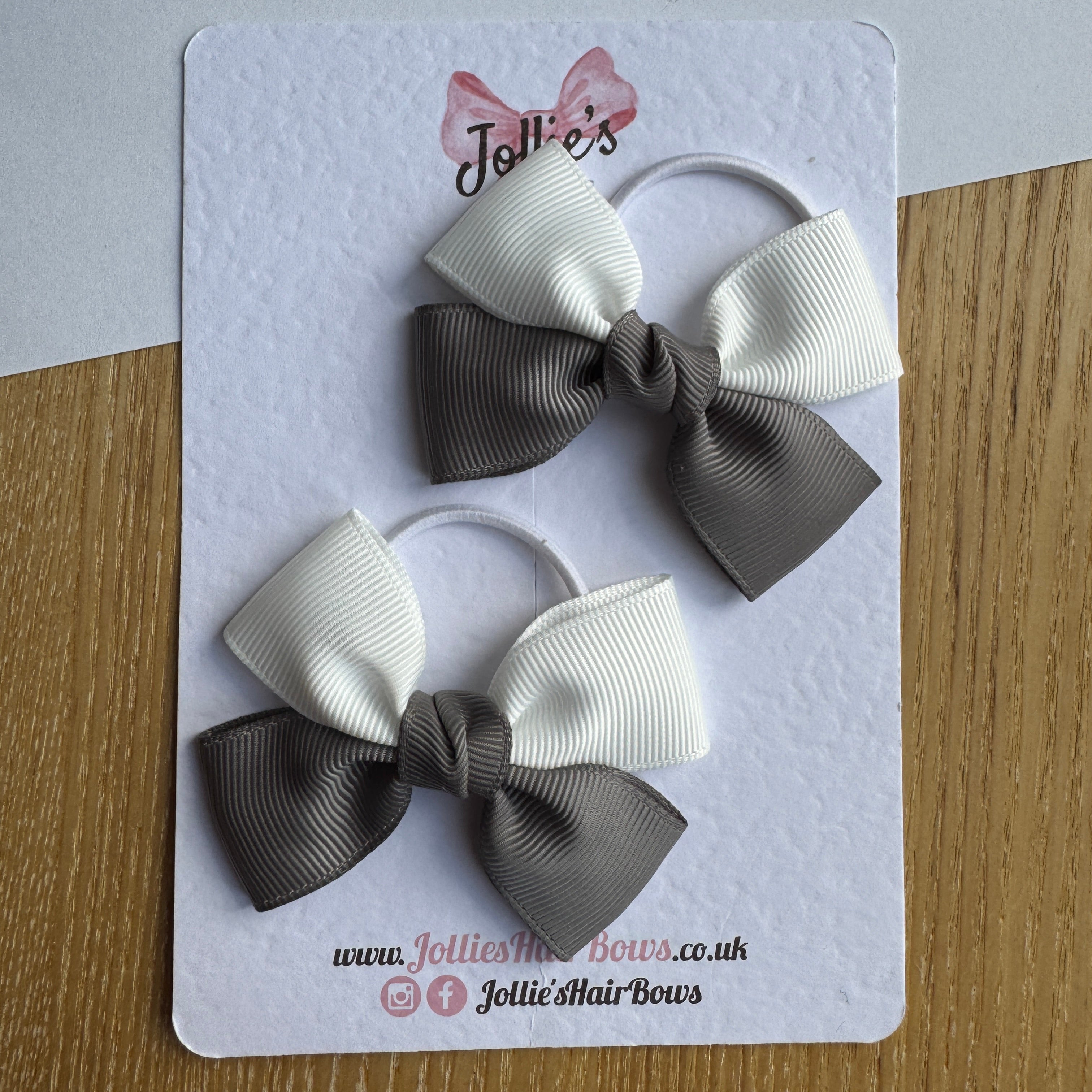 2.5" Metal Grey & White Classic Hair Bow Pair – Grosgrain Ribbon on Thin Elastic