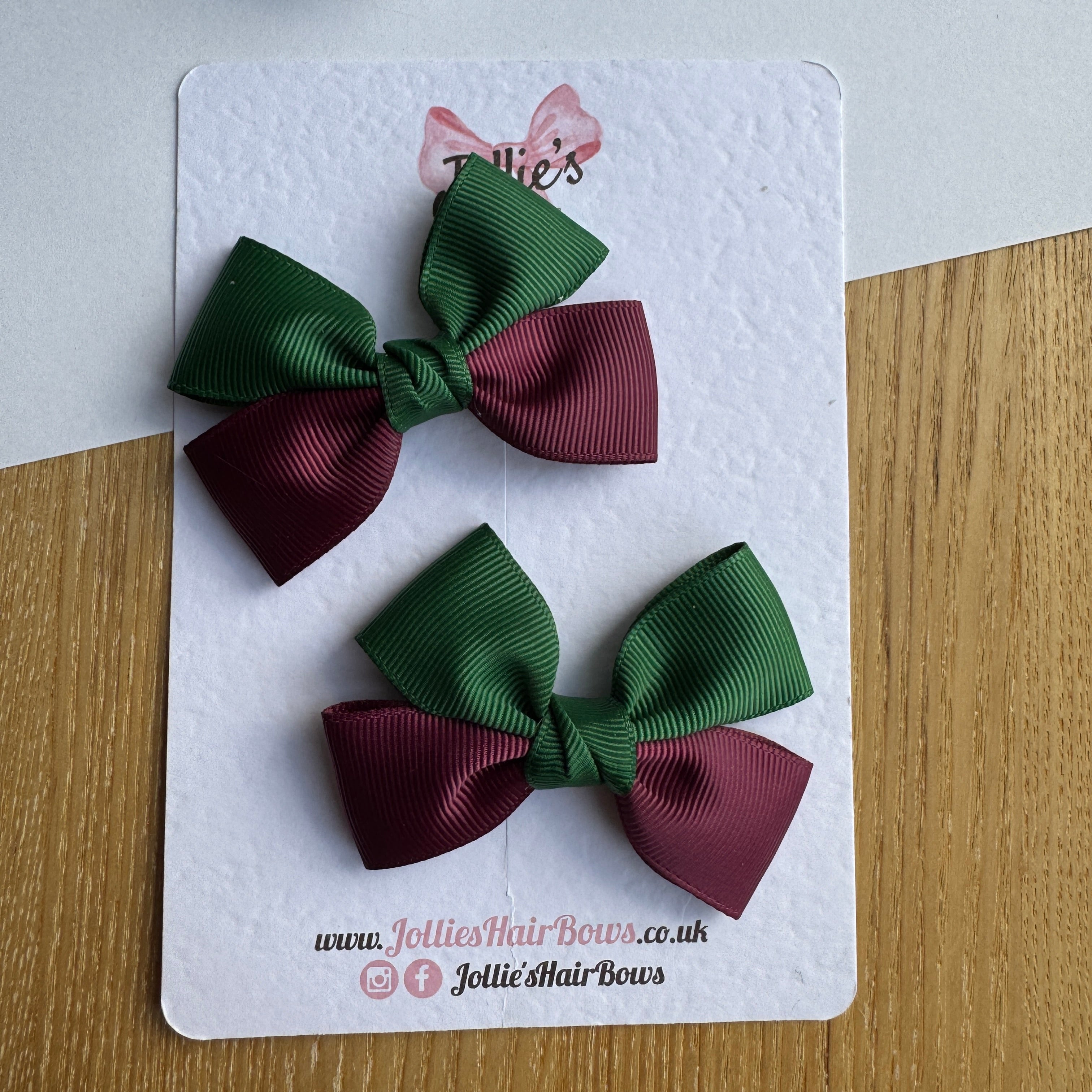 2.5" Burgundy & Forest Green Classic Hair Bow Pair – Grosgrain Ribbon Clips with Teeth