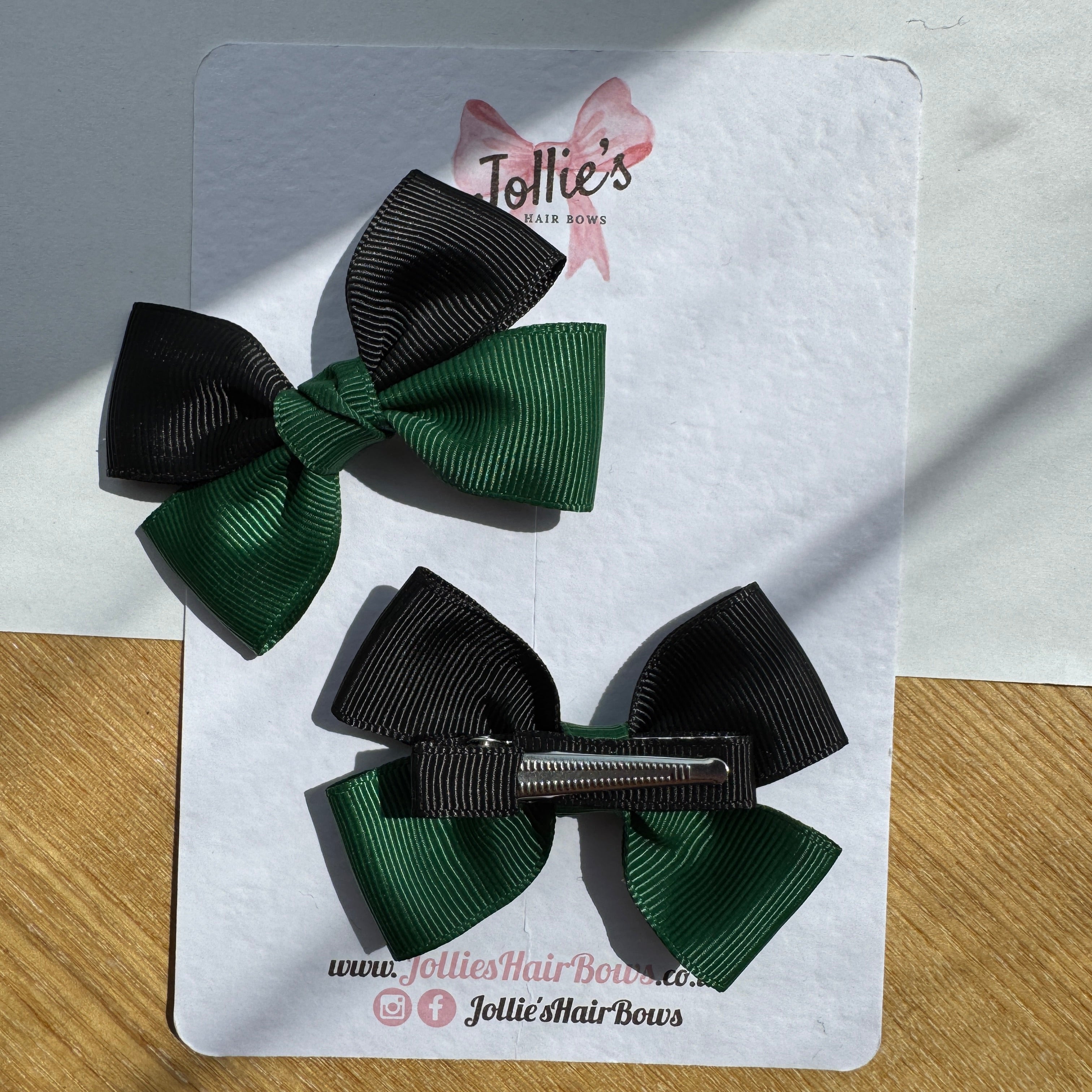 2.5" Forest Green & Black Classic Hair Bow Pair – Grosgrain Ribbon Clips with Teeth