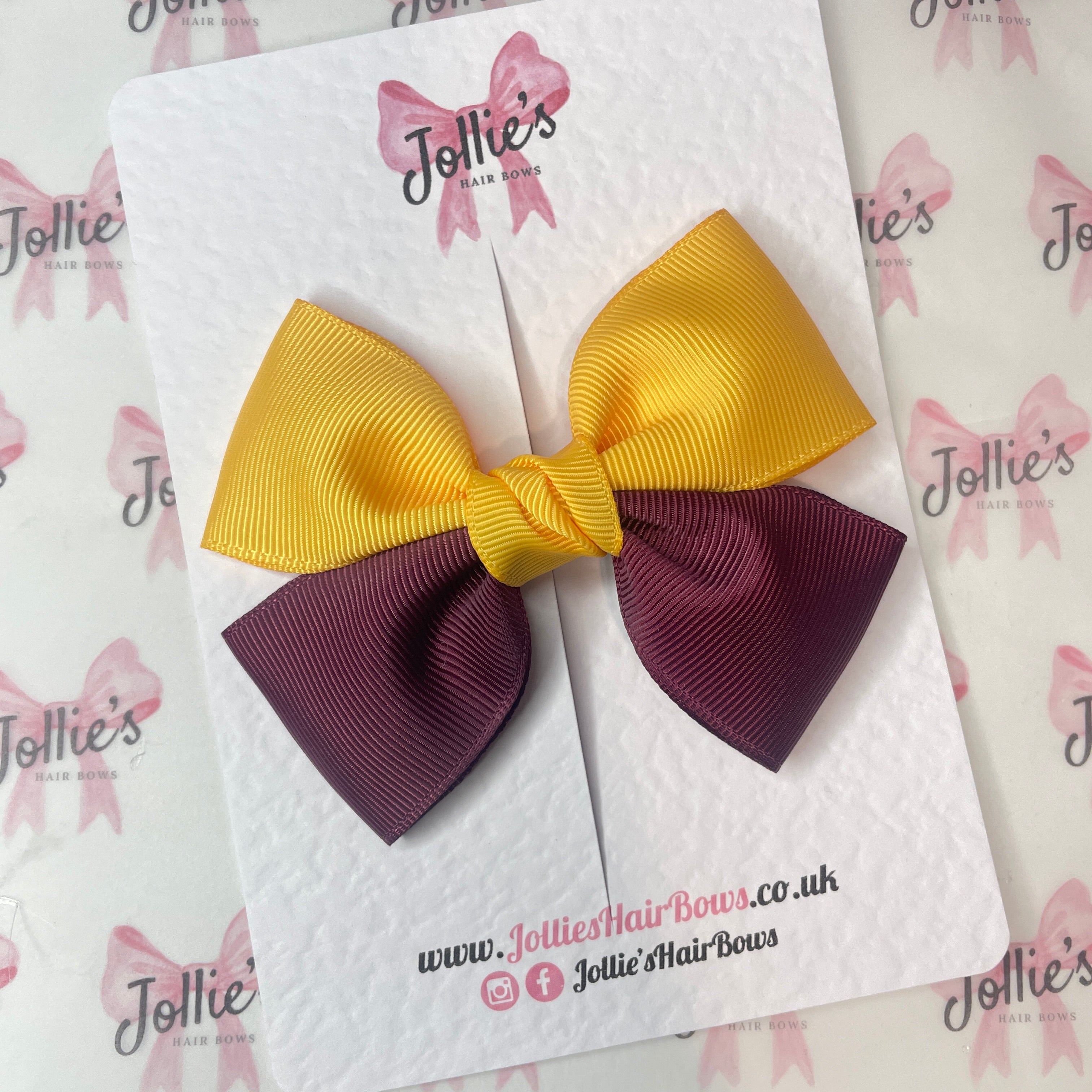 4inch Classic Bow with Clip - Yellow Gold & Burgundy