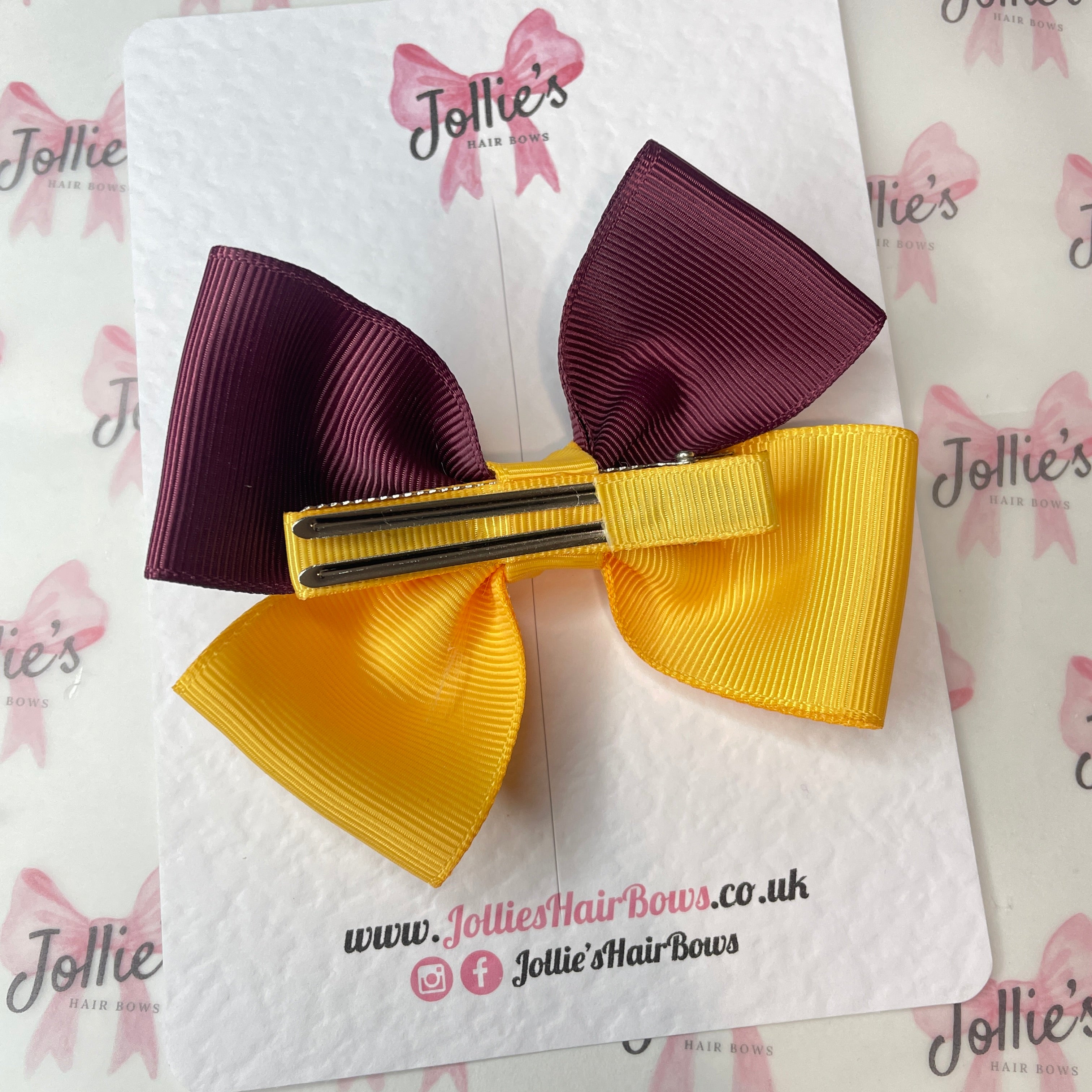 4inch Classic Bow with Clip - Yellow Gold & Burgundy