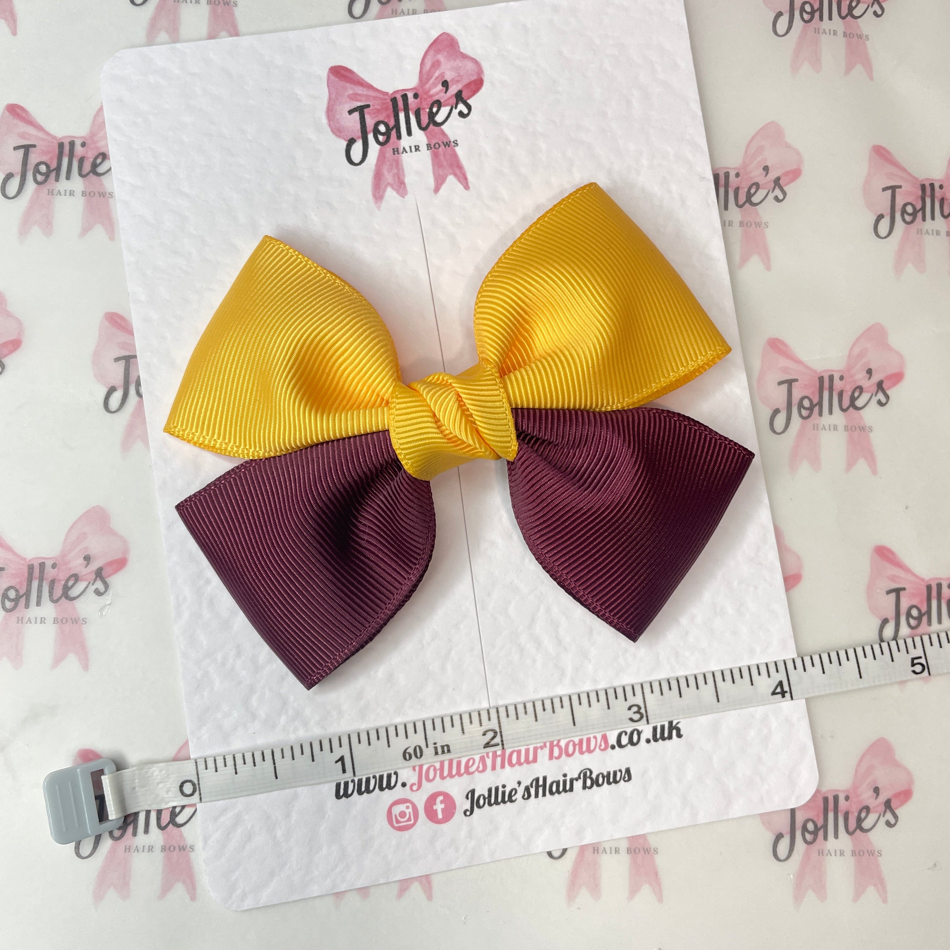 4inch Classic Bow with Clip - Yellow Gold & Burgundy