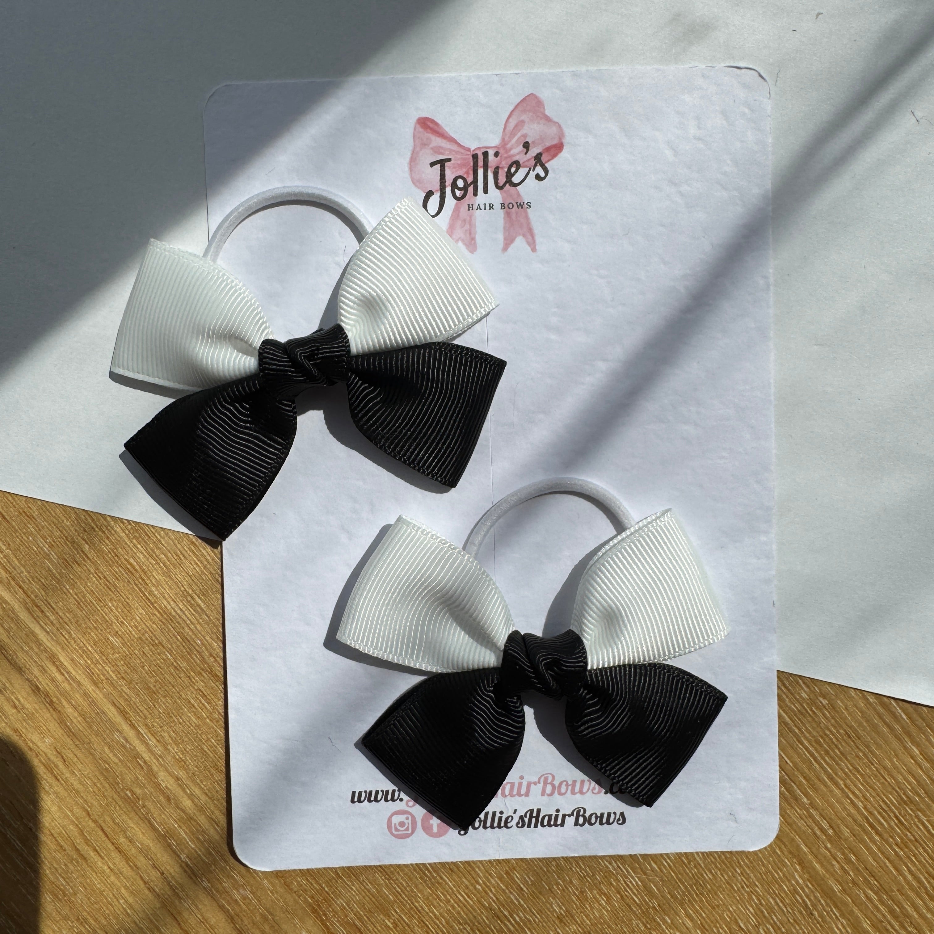 2.5" Black & White Classic Hair Bow Pair – Grosgrain Ribbon on Thin Elastic