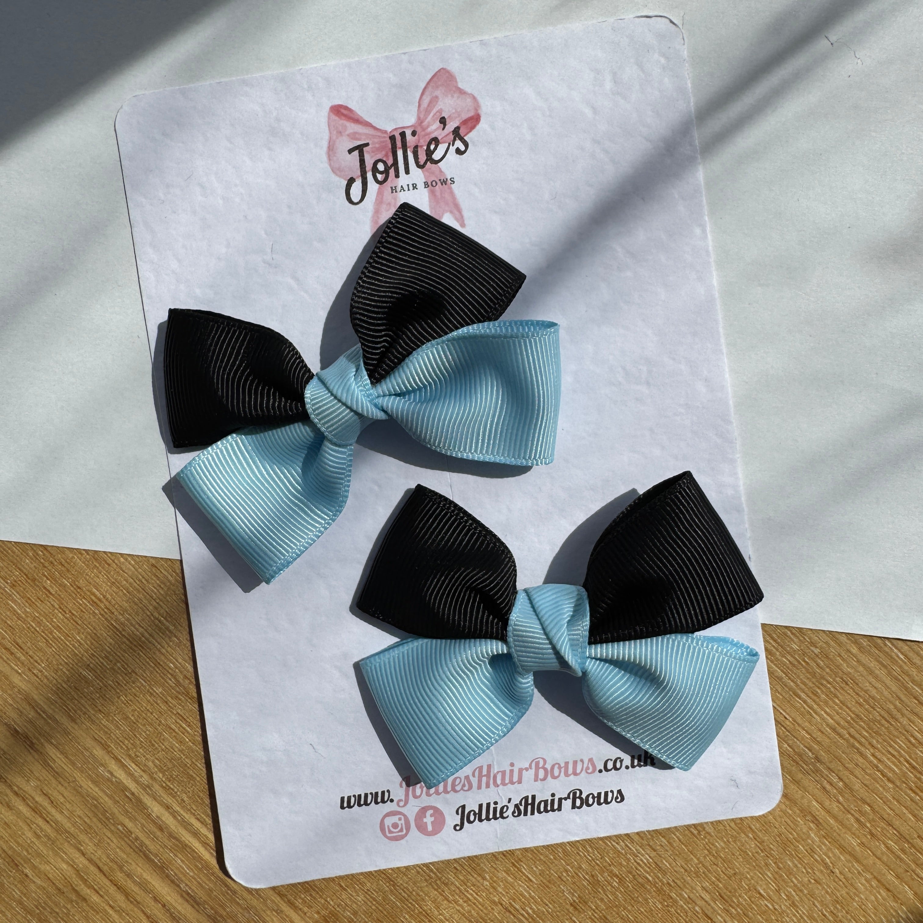 2.5" Blue Topaz & Black Classic Hair Bow Pair – Grosgrain Ribbon Clips with Teeth