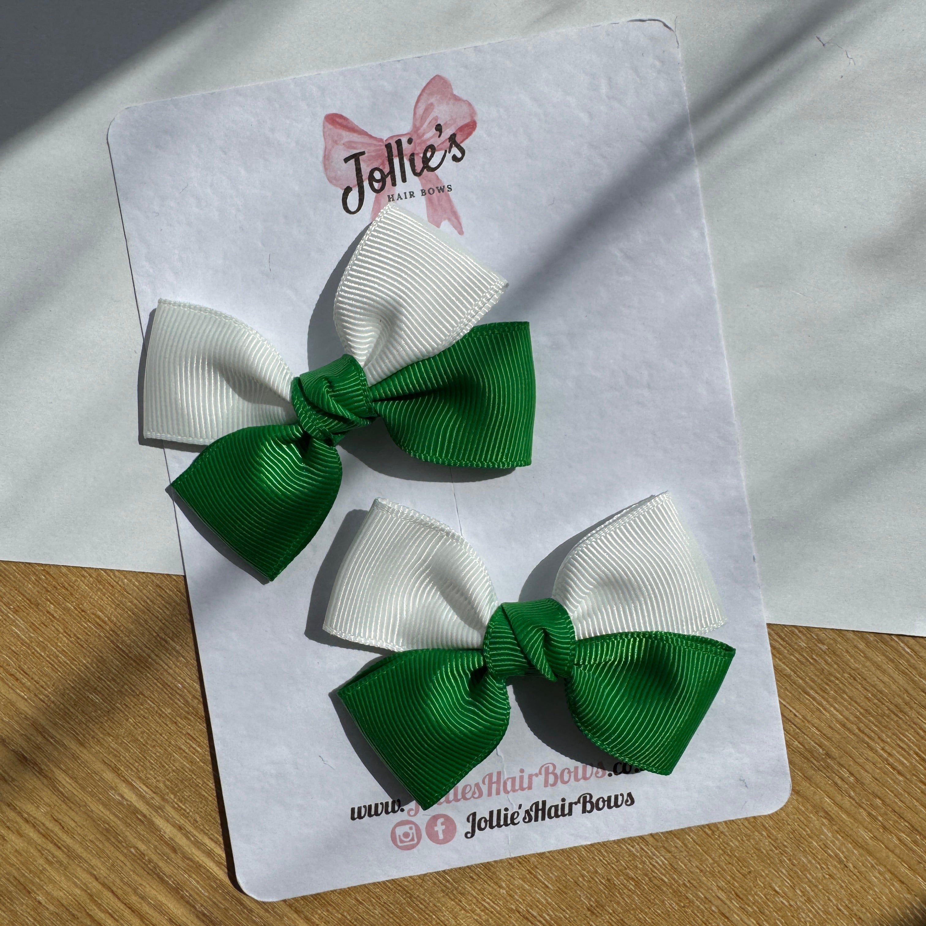 2.5" Emerald Green & White Classic Hair Bow Pair – Grosgrain Ribbon Clips with Teeth