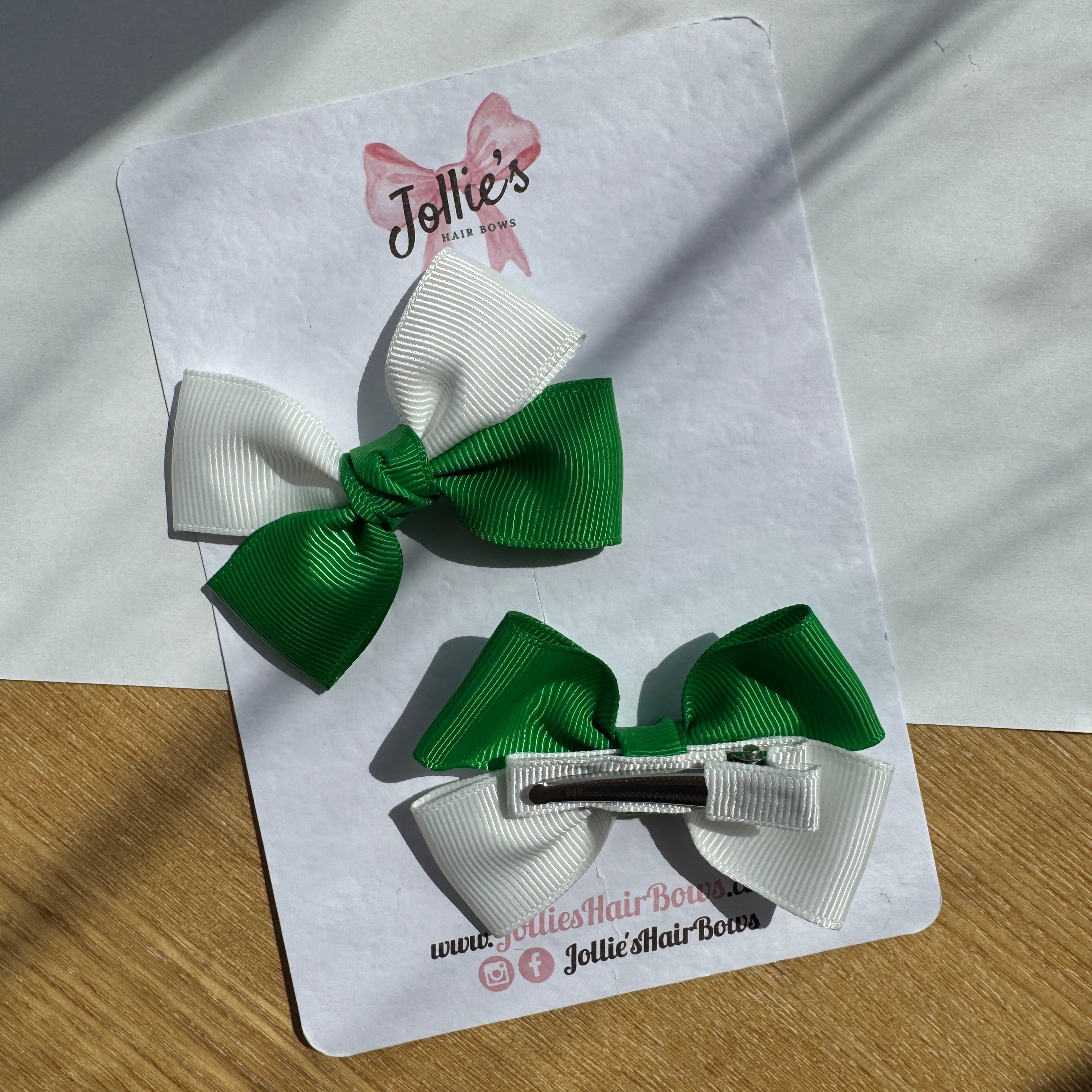 2.5" Emerald Green & White Classic Hair Bow Pair – Grosgrain Ribbon Clips with Teeth