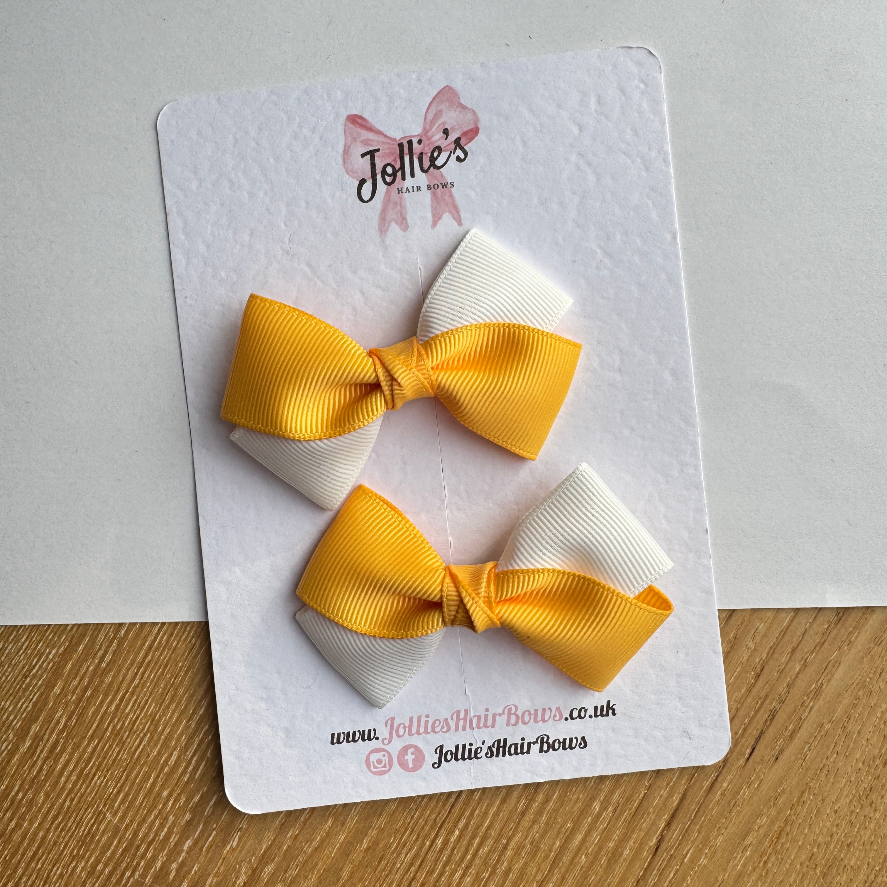 3" Yellow Gold & White Twisty Hair Bow Pair – Grosgrain Ribbon Clips with Teeth