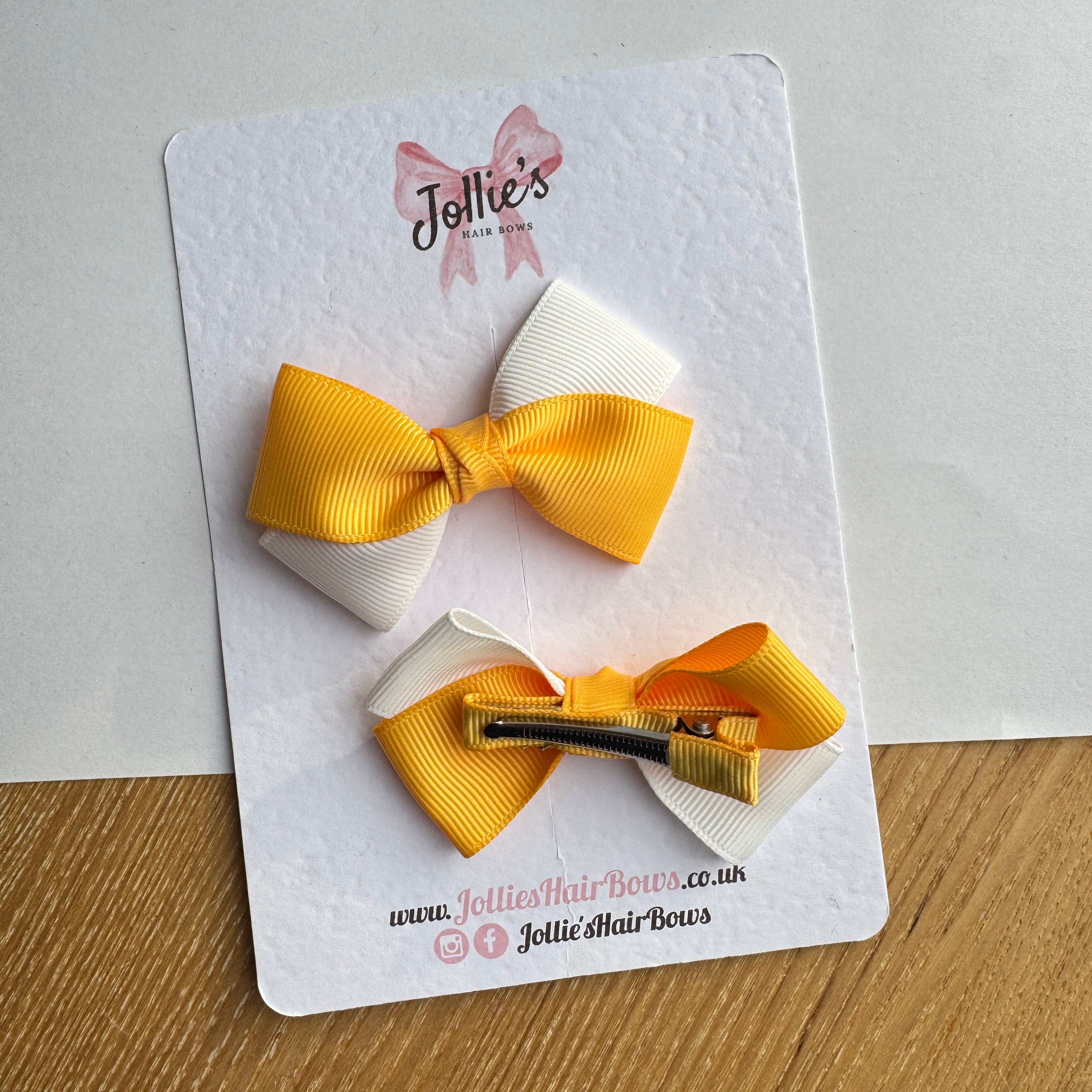 3" Yellow Gold & White Twisty Hair Bow Pair – Grosgrain Ribbon Clips with Teeth