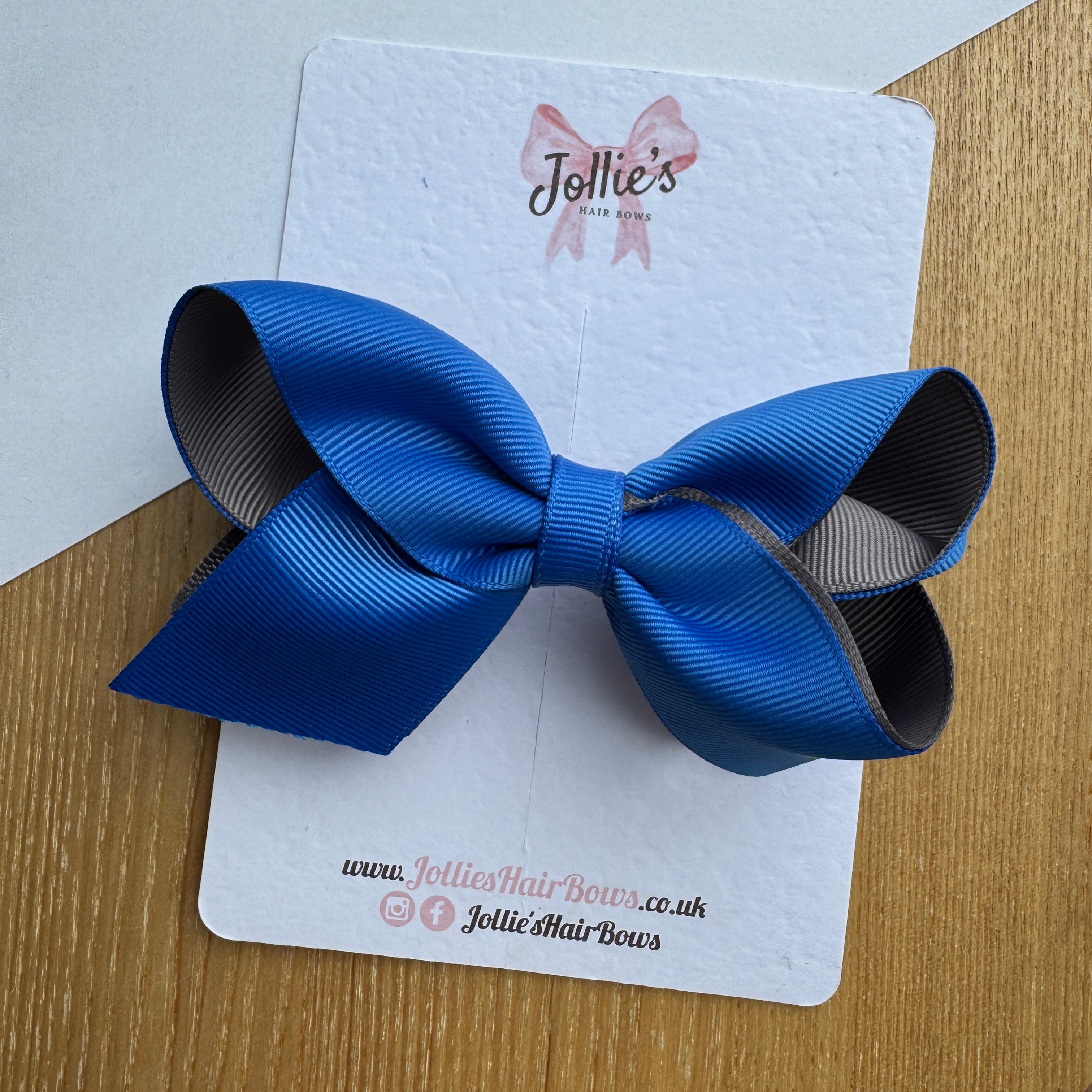 4.5" Royal Blue & Metal Grey Boutique Hair Bow – Grosgrain Ribbon Clip for School & Everyday Wear