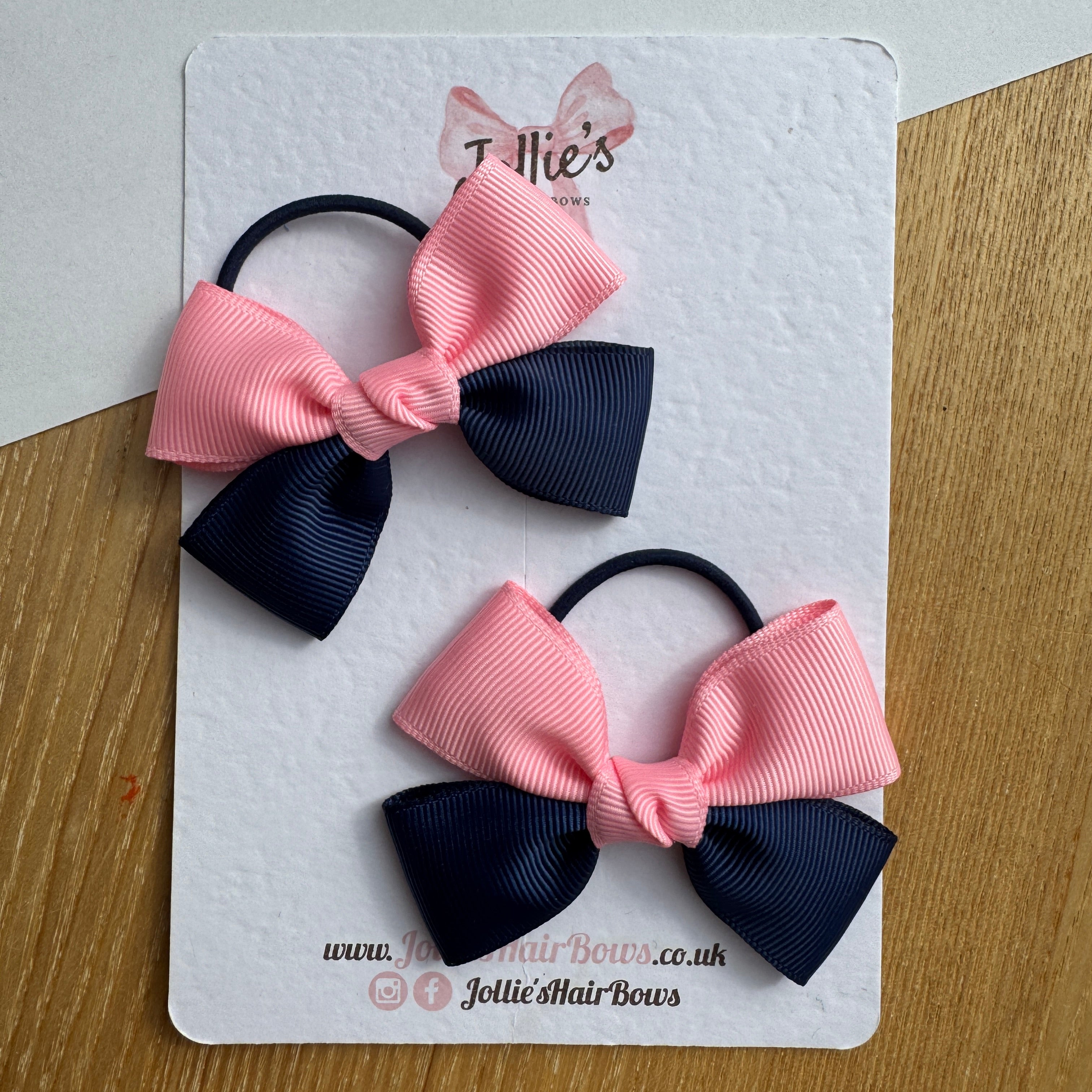 2.5" Navy & Pink Classic Hair Bow Pair – Grosgrain Ribbon on Thin Elastic
