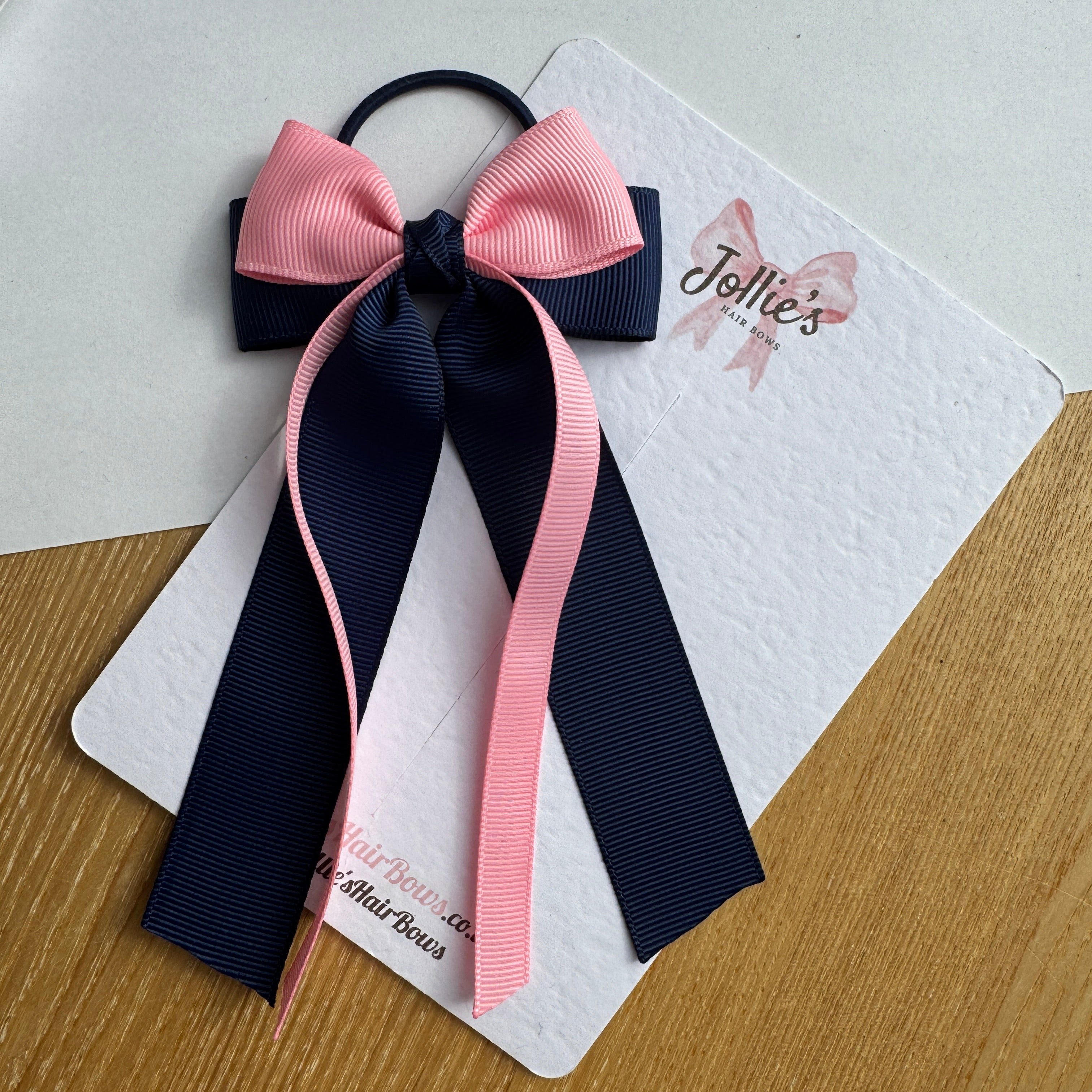 3" Navy & Pink Ribbon Tail Hair Bow – Grosgrain Ribbon with Thin Elastic Bobble