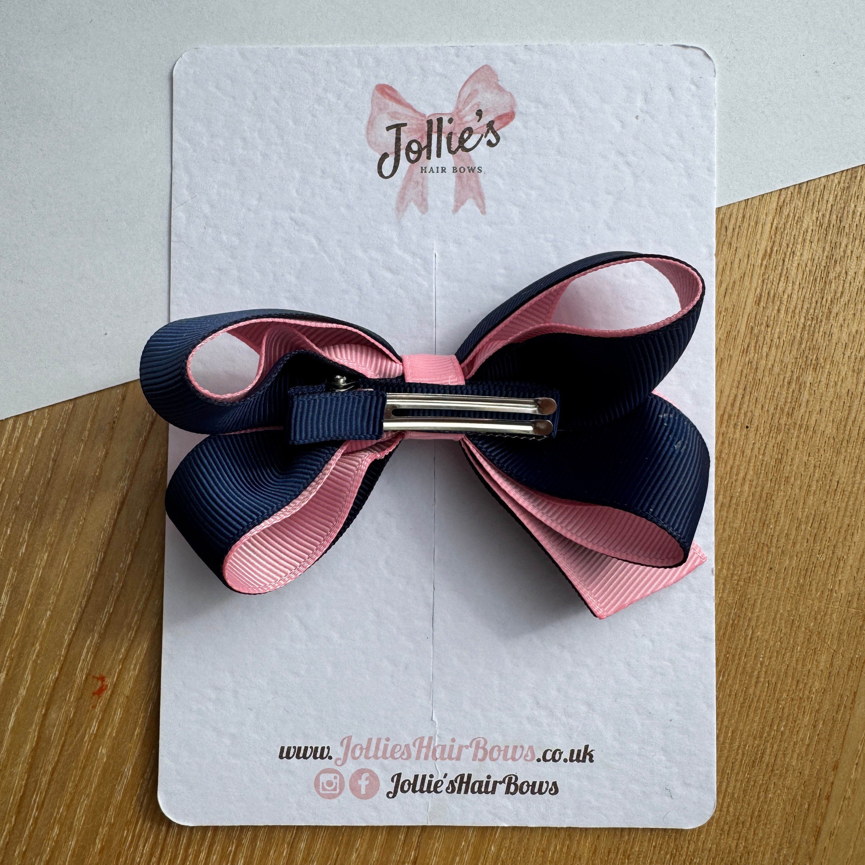 3.5" Navy & Pink Boutique Hair Bow – Grosgrain Ribbon Clip with 1.7" Double Sponge Clip