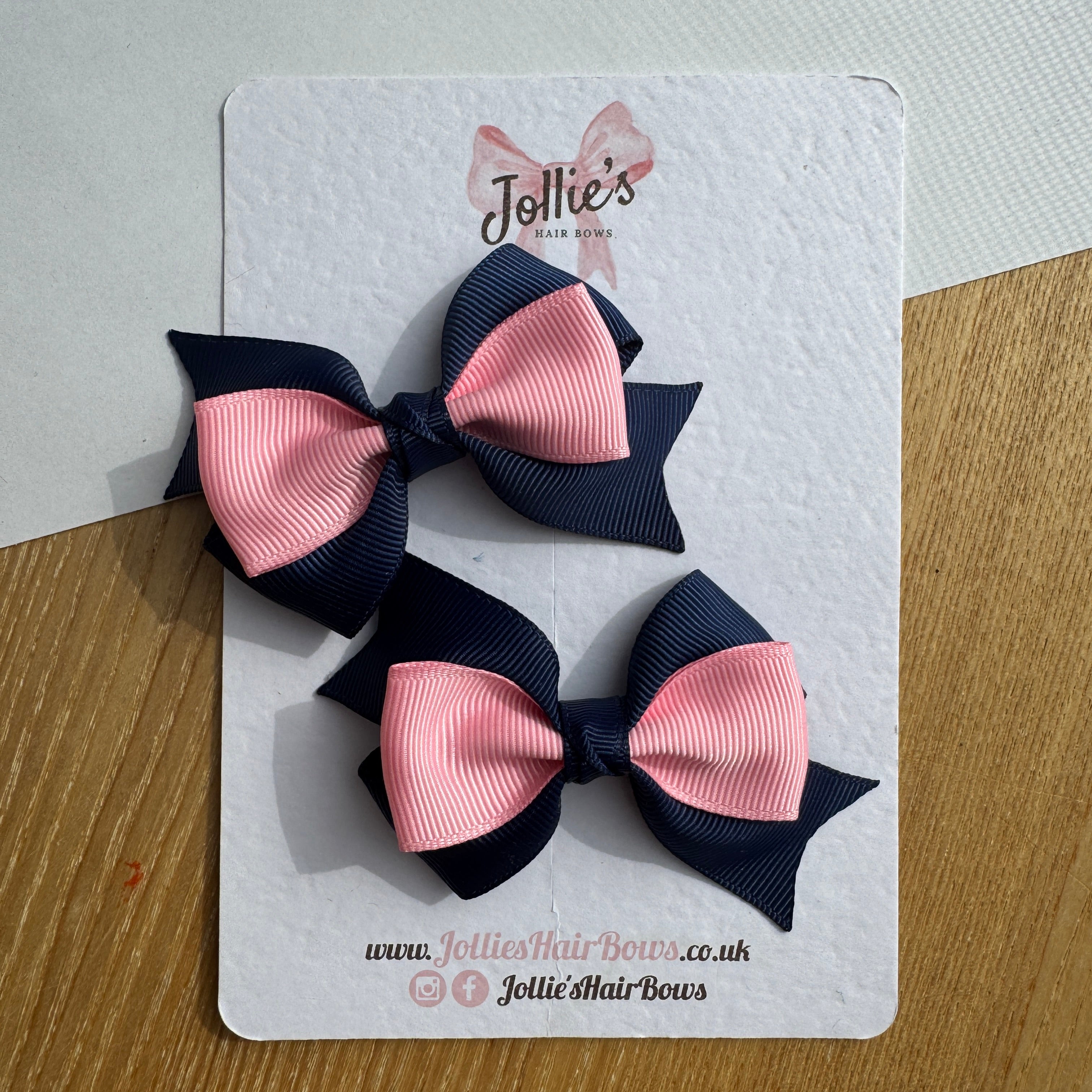 3" Navy & Pink Tail-End Hair Bow Pair – Grosgrain Ribbon Clips with Teeth