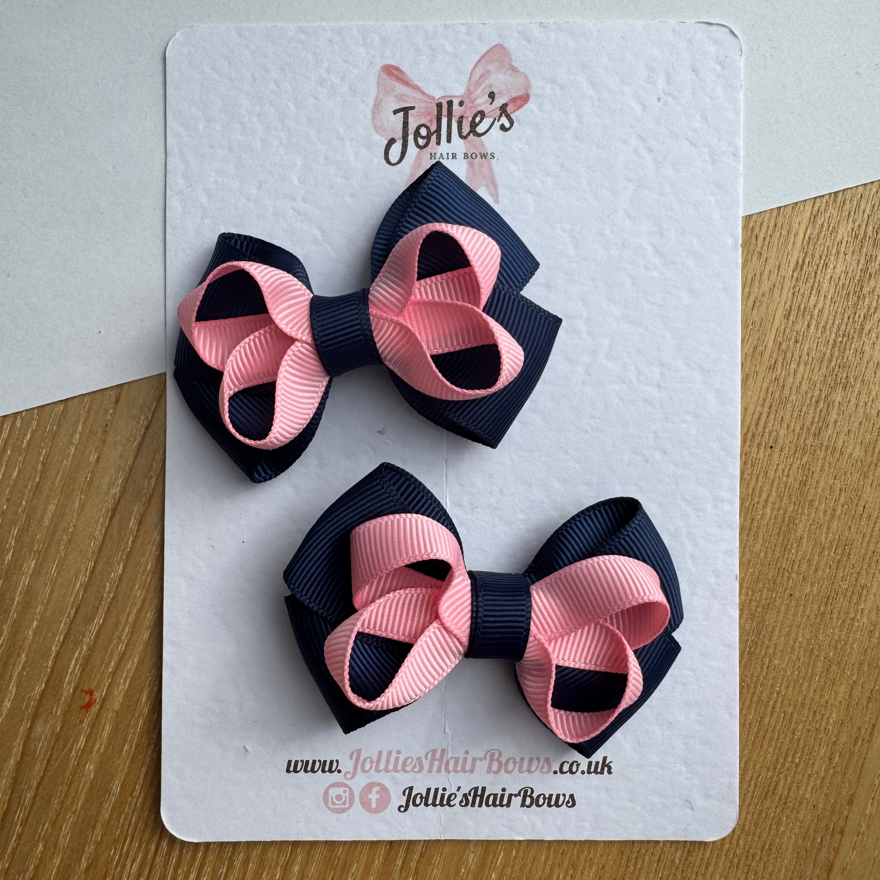 2.5" Navy & Pink Bow with Clip (Pair) – Grosgrain Ribbon Hair Bows for Girls