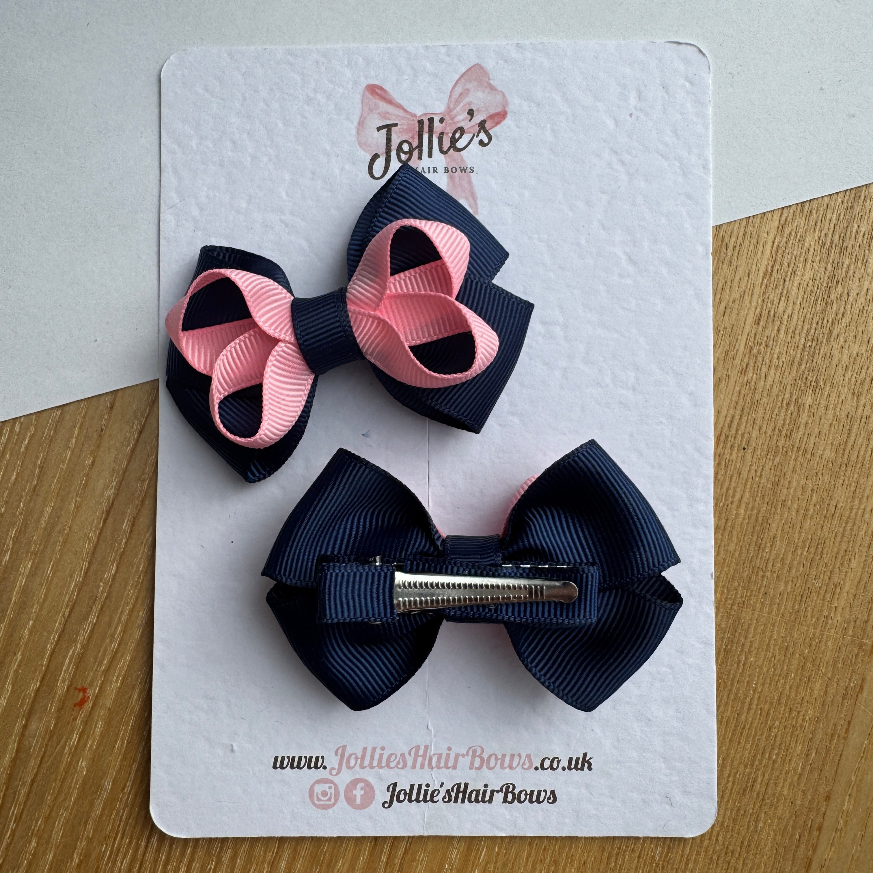 2.5" Navy & Pink Bow with Clip (Pair) – Grosgrain Ribbon Hair Bows for Girls