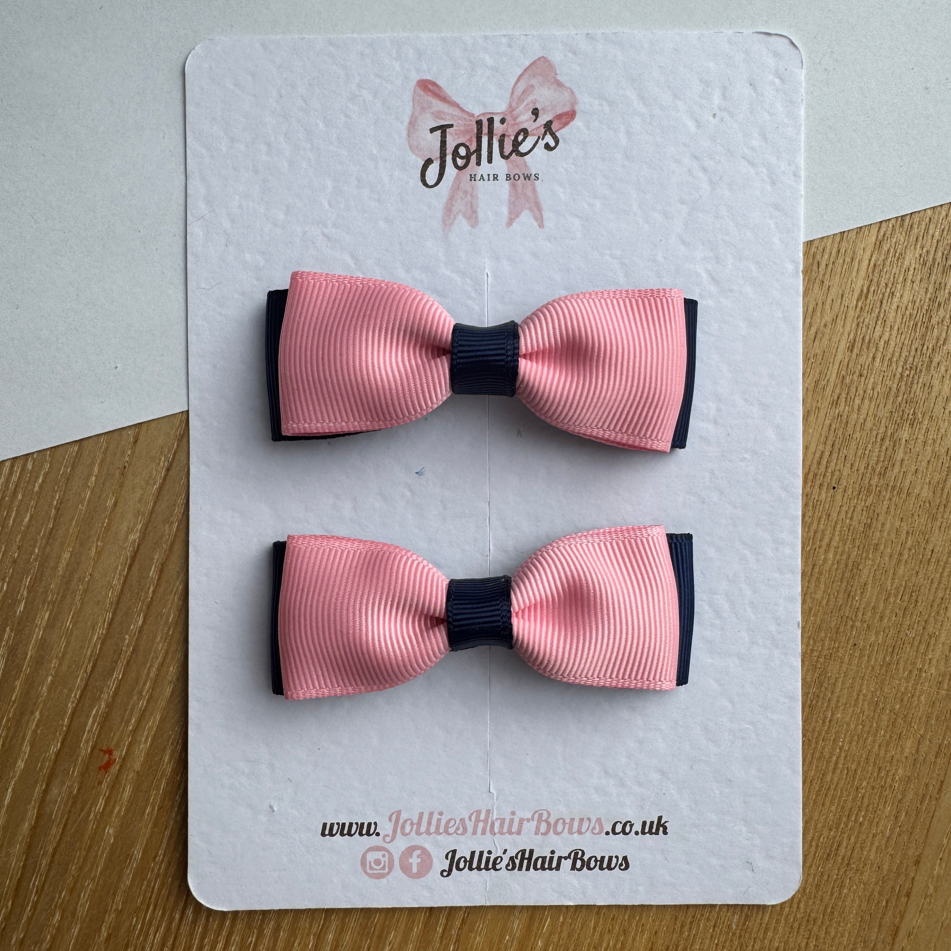 2.5" Navy & Pink Mini School Hair Bow Pair – Grosgrain Ribbon Clips with Teeth