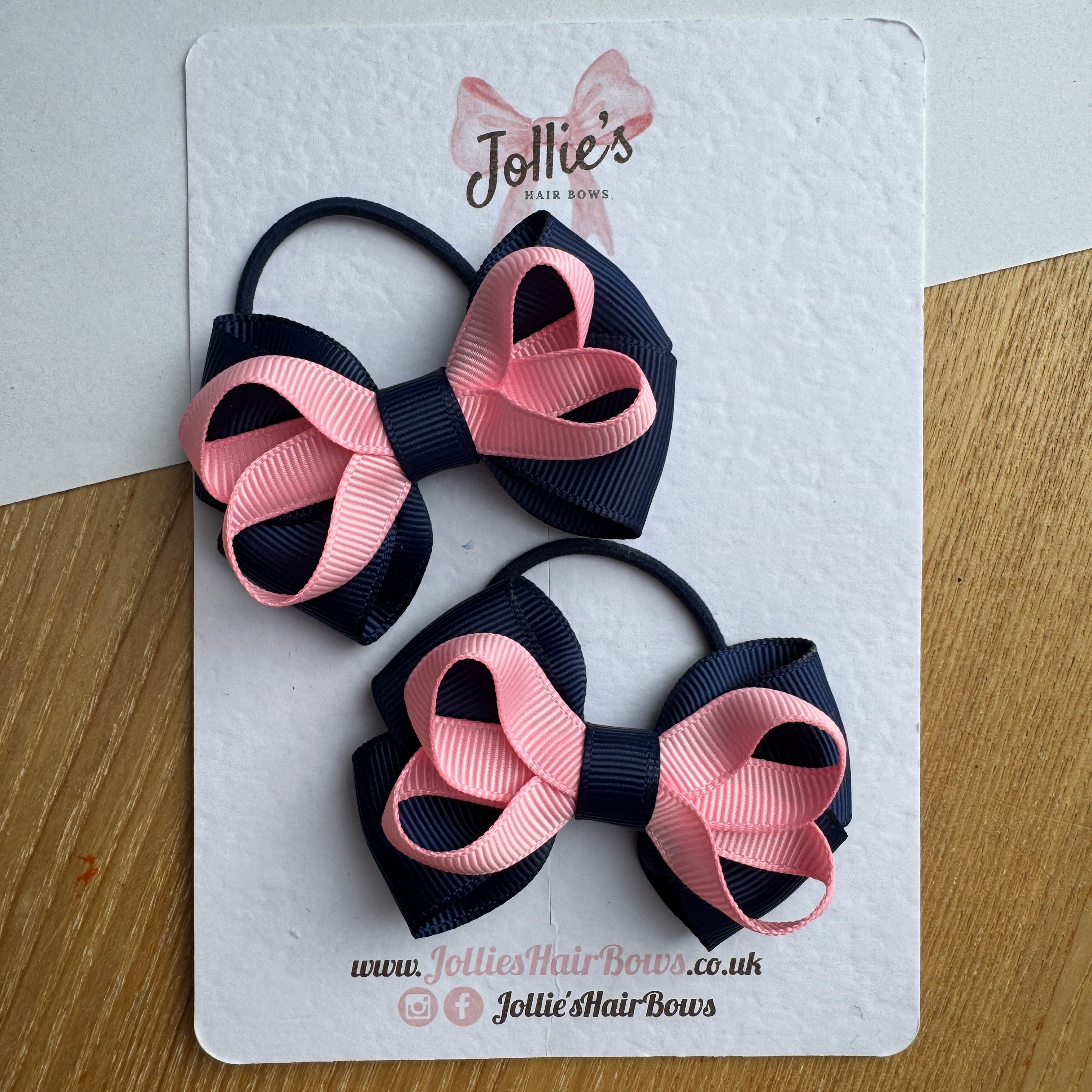 2.5" Navy & Pink Hair Bow Pair – Grosgrain Ribbon on Thin Elastic