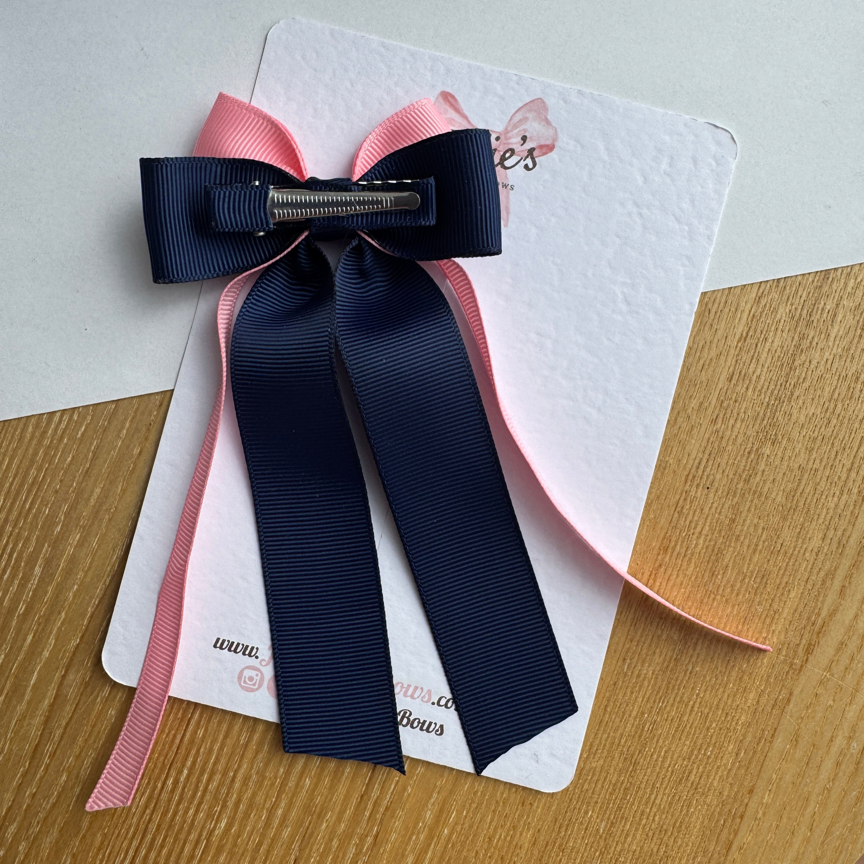 3" Navy & Pink Ribbon Tail Hair Bow – Grosgrain Ribbon Clip with Teeth