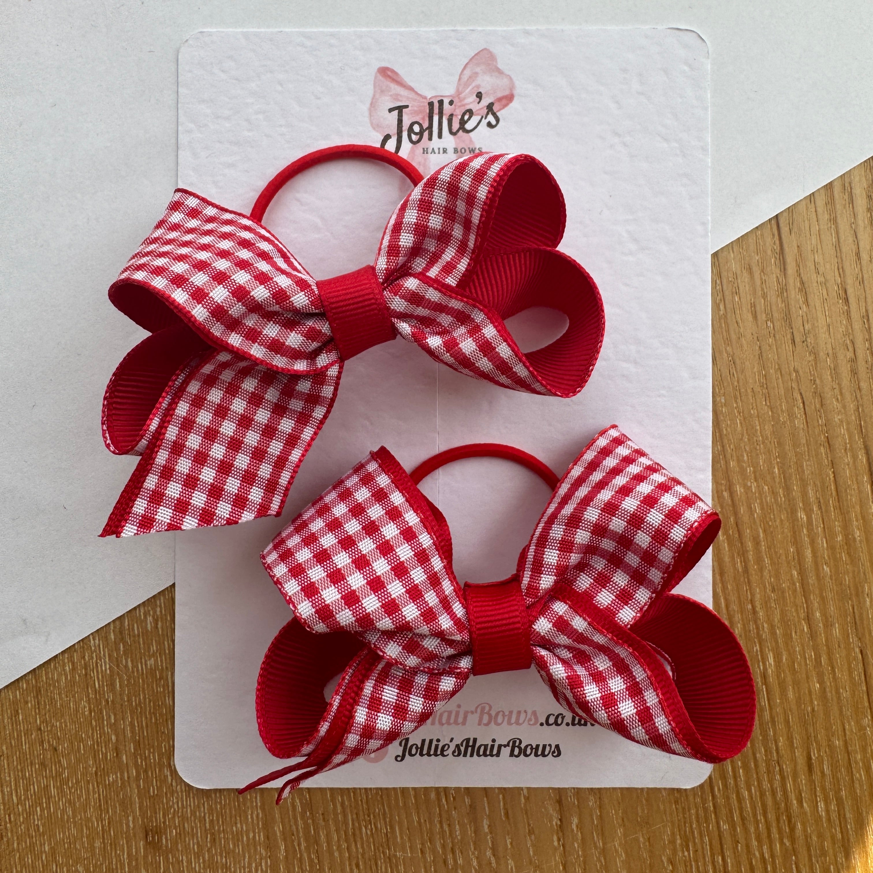 3" Red Gingham Bow with Thin Elastic (Pair) – Grosgrain Ribbon Hair Bows for Girls