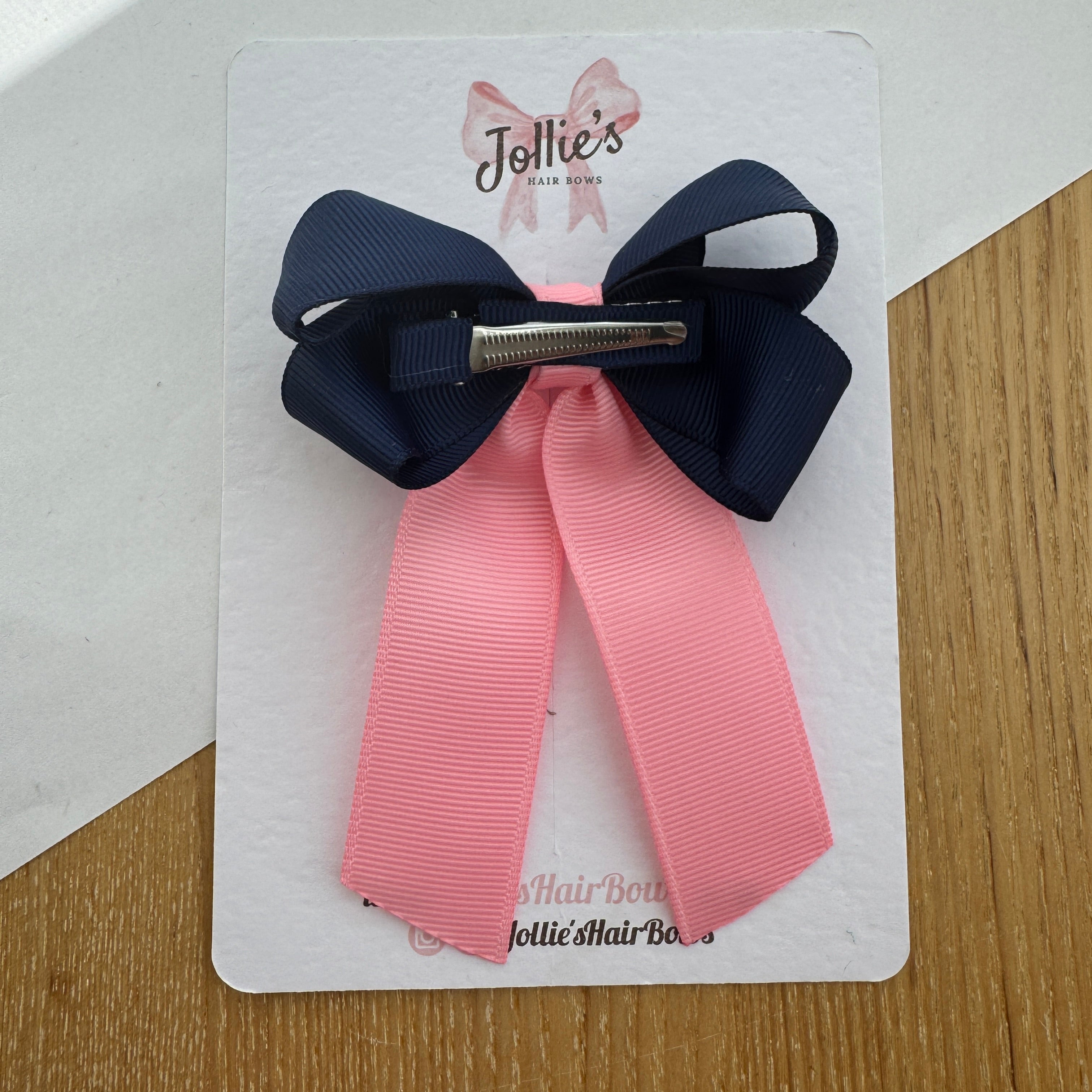 3" Navy & Pink Classic Ribbon Tail Hair Bow – Grosgrain Ribbon Clip with Teeth