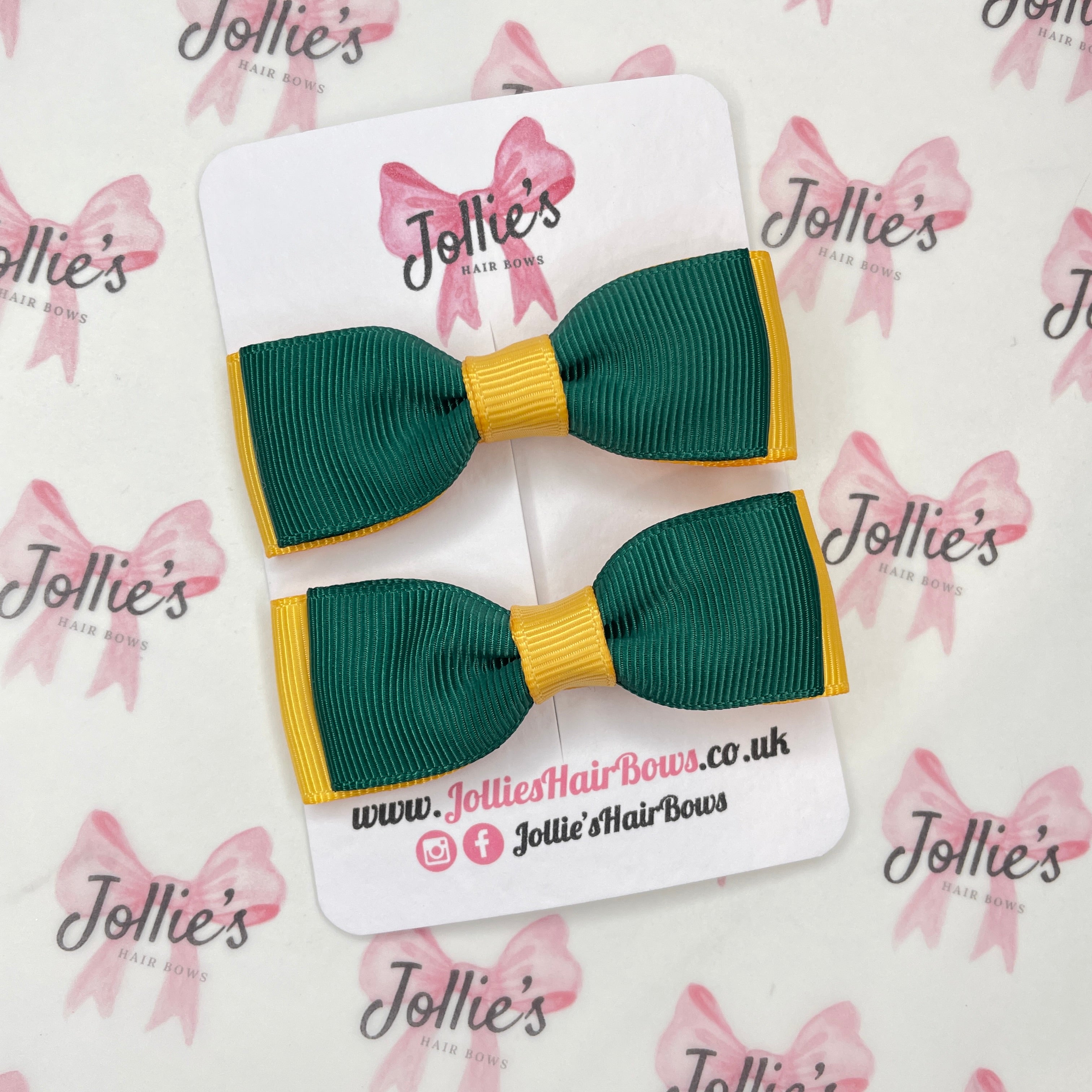 2.5inch Bow with Clip (pair) - Hunter Green & Yellow Gold