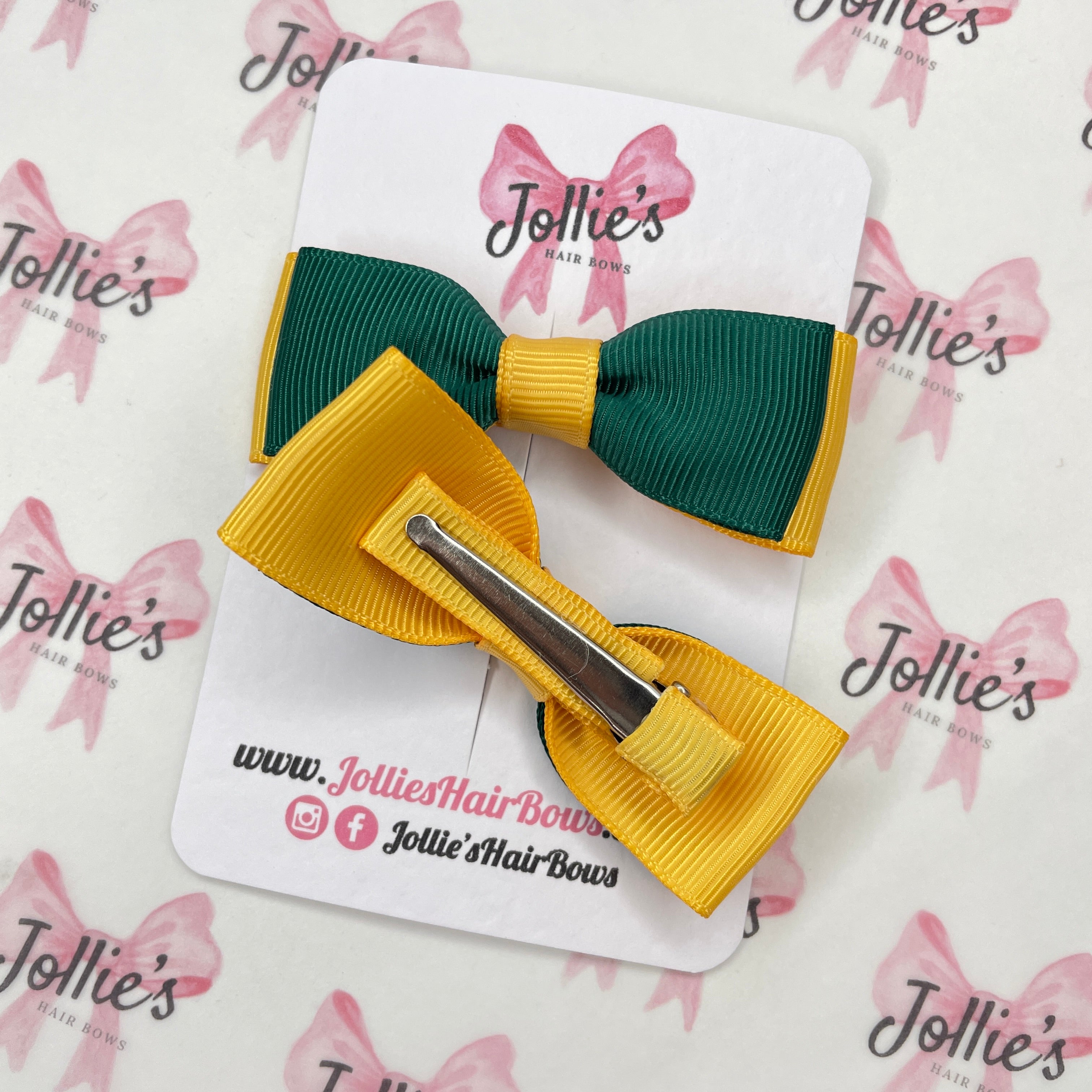 2.5inch Bow with Clip (pair) - Hunter Green & Yellow Gold