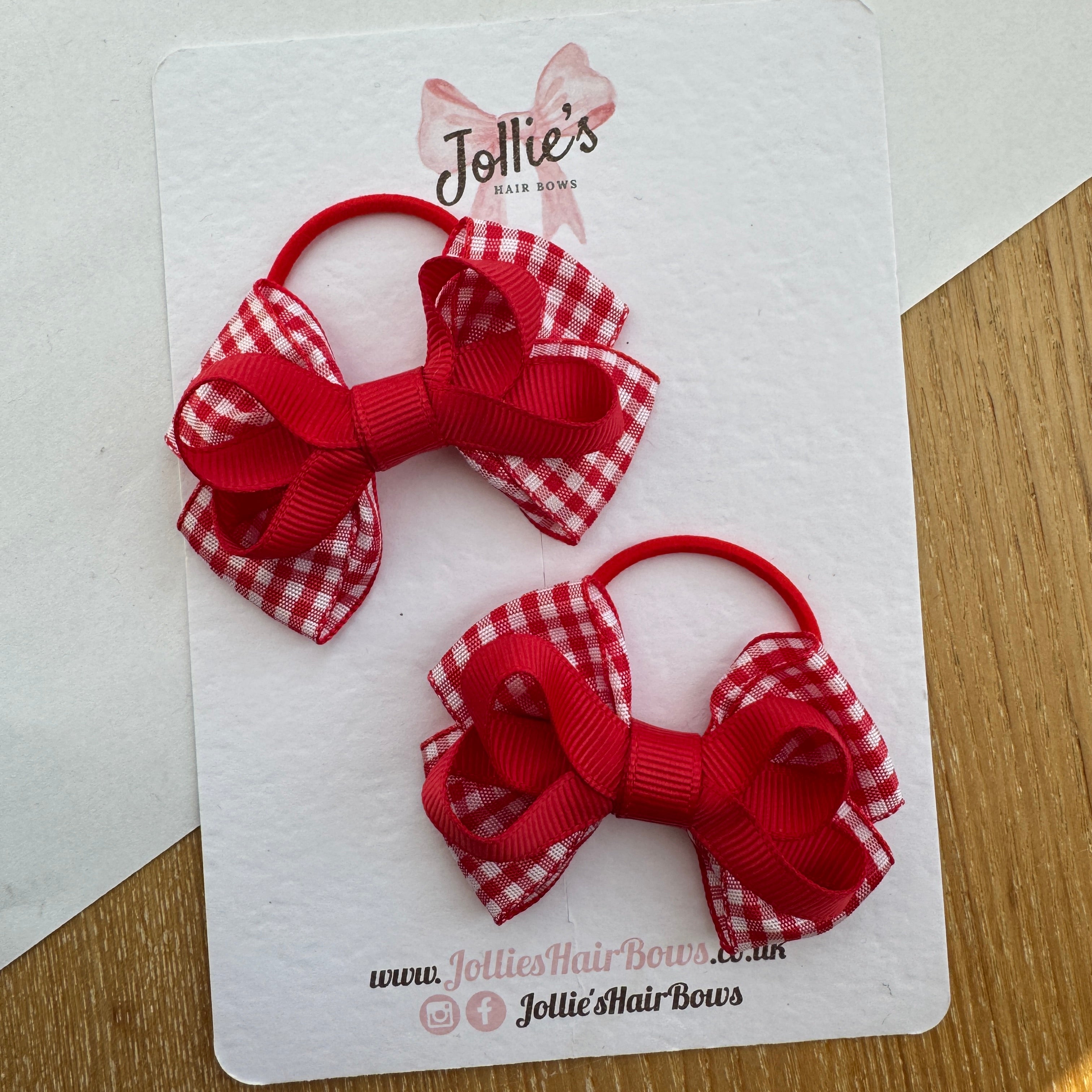 2.5" Red Gingham Bow with Thin Elastic (Pair) – Grosgrain Ribbon Hair Bows for Girls