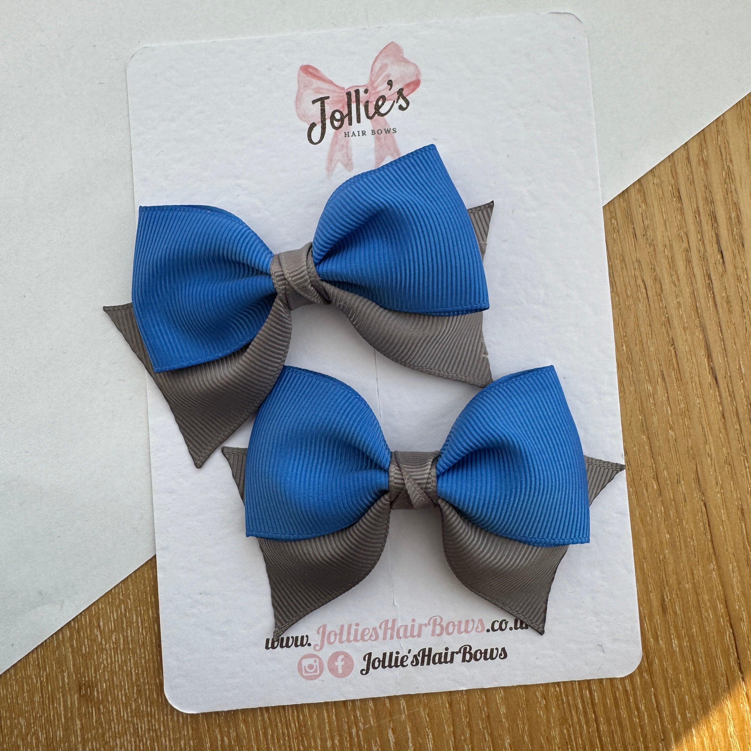 3" Royal Blue & Metal Grey Layered Pointed-Tail Hair Bow Pair – Grosgrain Ribbon Clips with Teeth